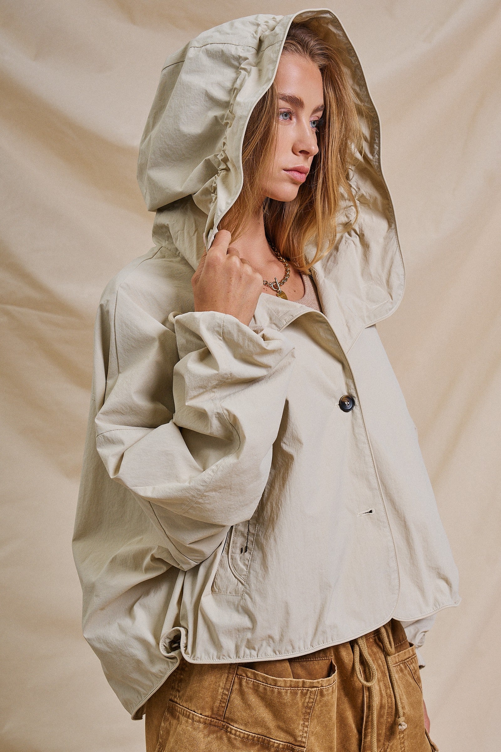 Cropped Hooded Utility Jacket with Button Front in Khaki - Women's Jackets & Outerwear | Urban Daizy