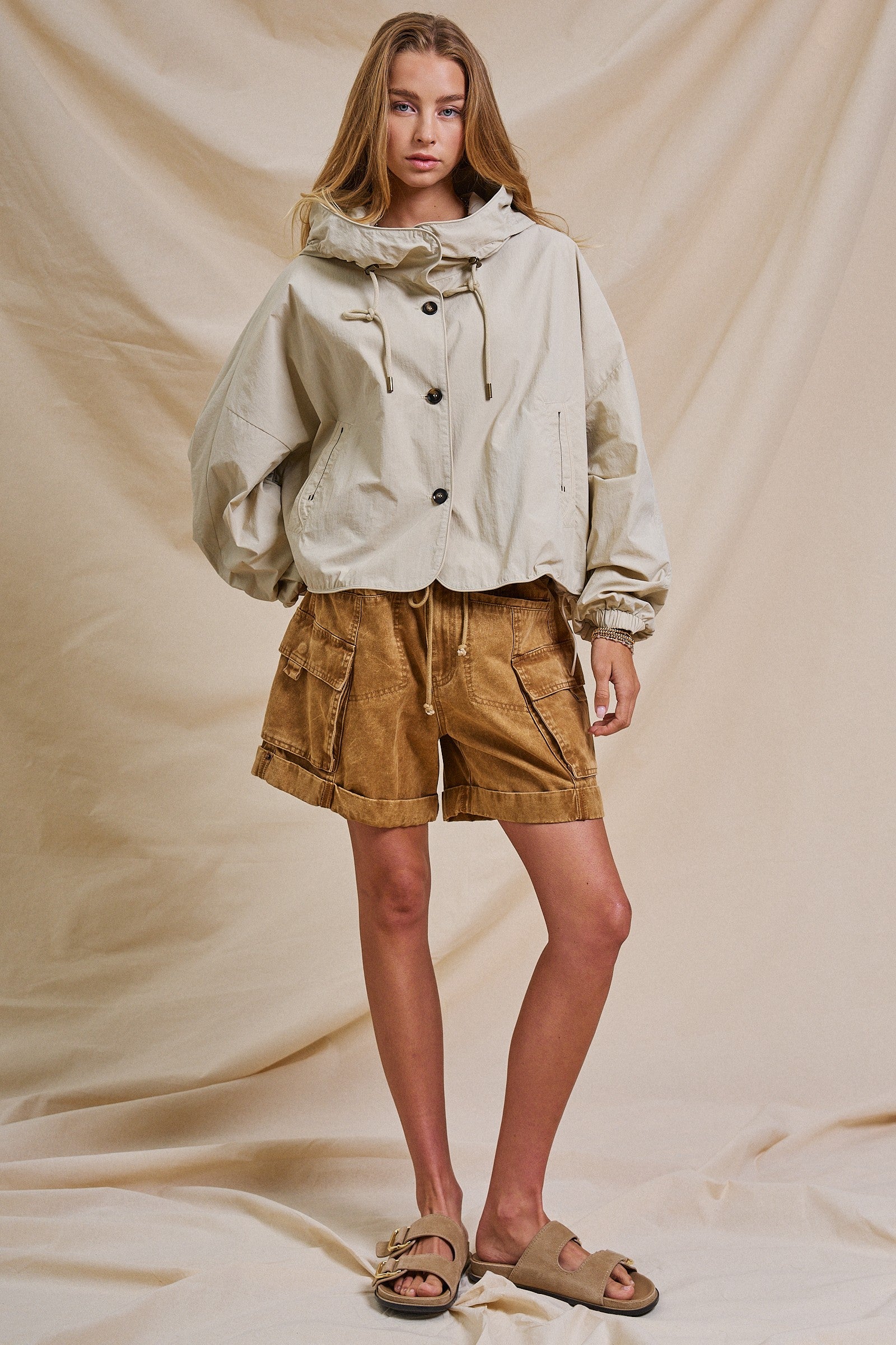Cropped Hooded Utility Jacket with Button Front in Khaki - Women's Jackets & Outerwear | Urban Daizy
