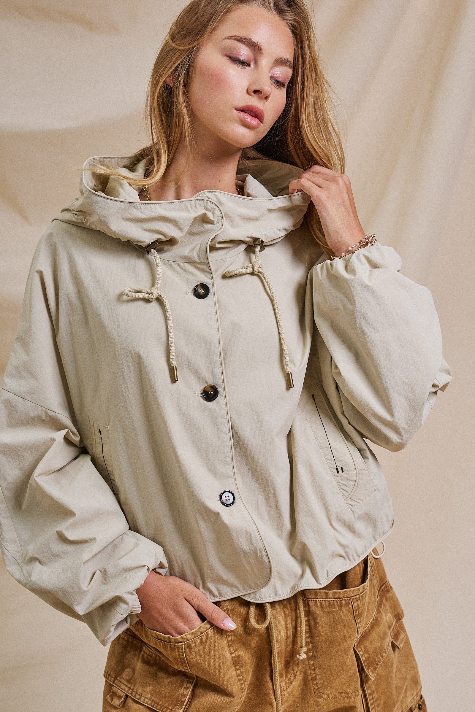 Cropped Hooded Utility Jacket with Button Front in Khaki - Women's Jackets & Outerwear | Urban Daizy