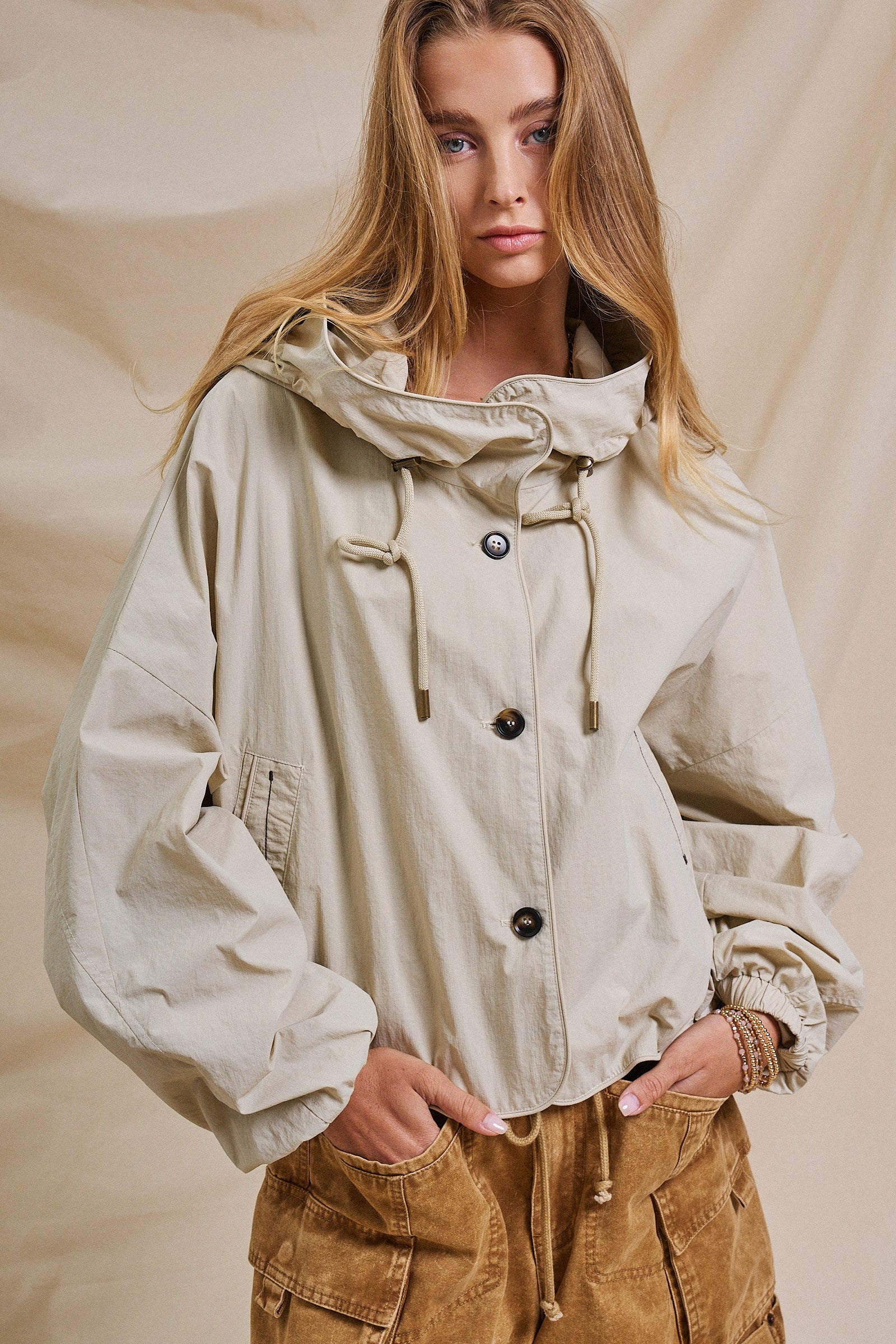Cropped Hooded Utility Jacket with Button Front in Khaki - Women's Jackets & Outerwear | Urban Daizy