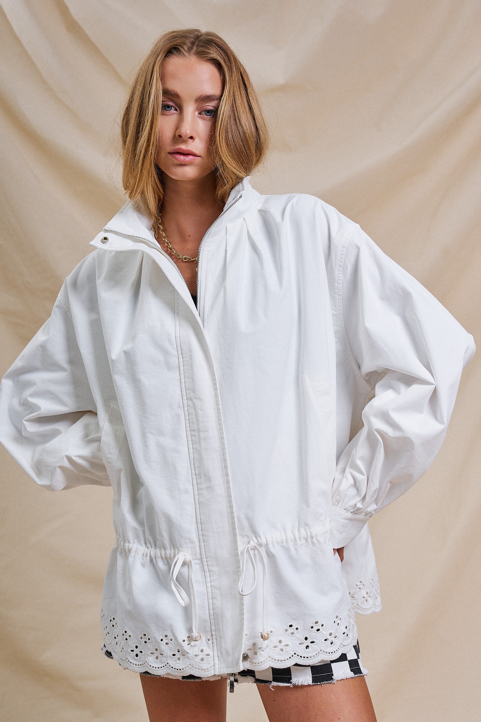 Eyelet Trim Drawstring Zip-Up Jacket in White - Women's Jackets & Outerwear | Urban Daizy