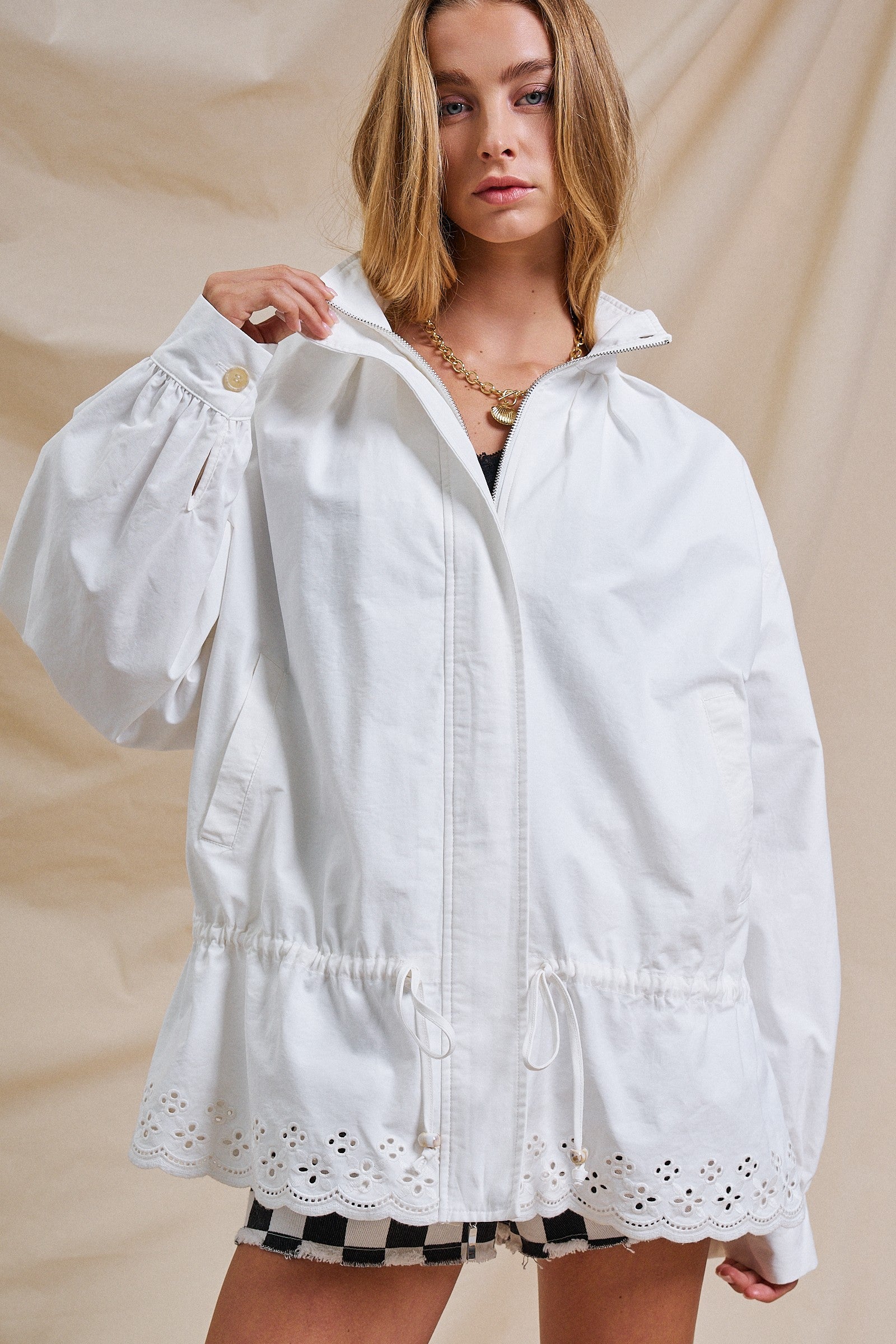Eyelet Trim Drawstring Zip-Up Jacket in White - Women's Jackets & Outerwear | Urban Daizy
