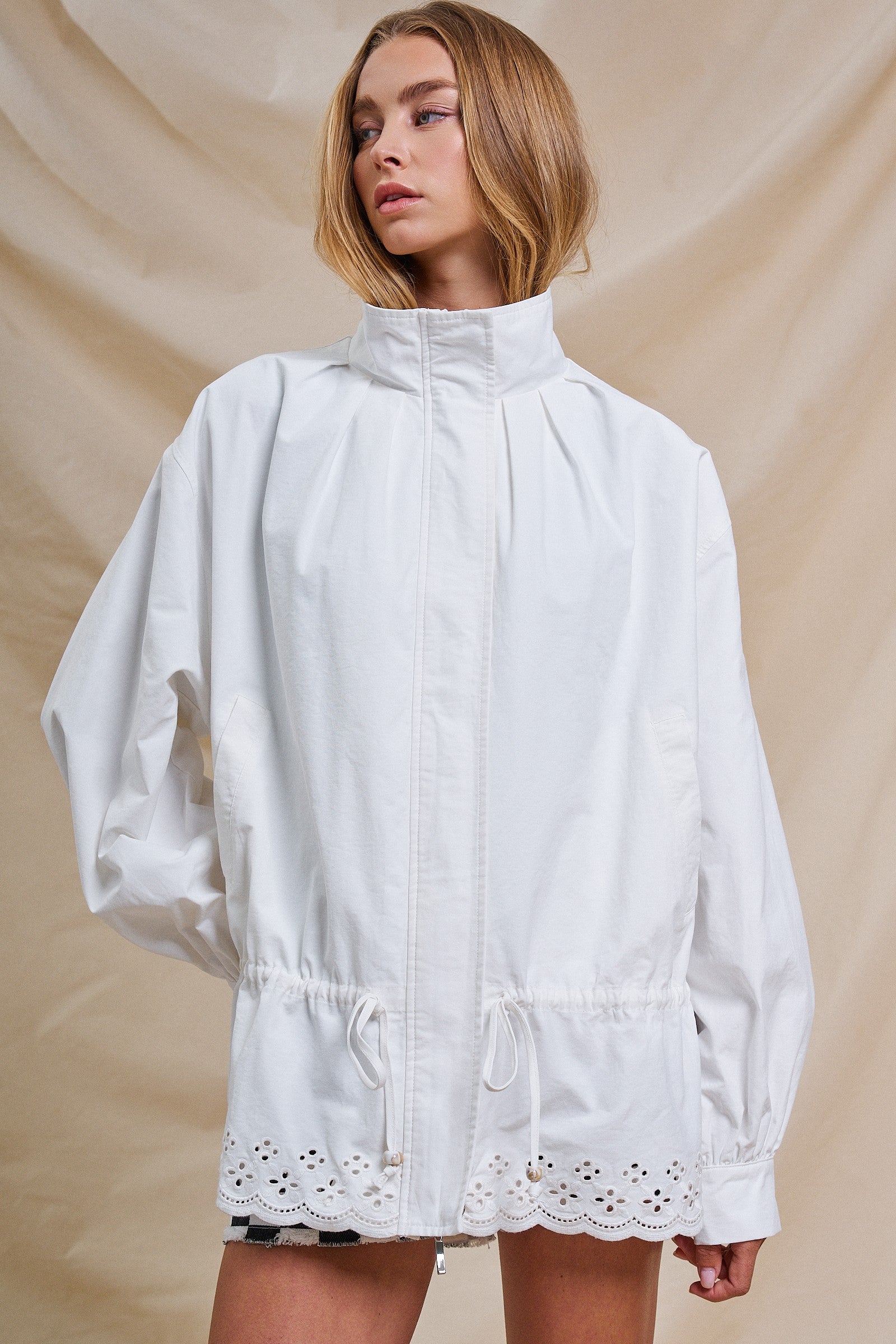 Eyelet Trim Drawstring Zip-Up Jacket in White - Women's Jackets & Outerwear | Urban Daizy