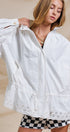 Eyelet Trim Drawstring Zip-Up Jacket in White - Women's Jackets & Outerwear | Urban Daizy