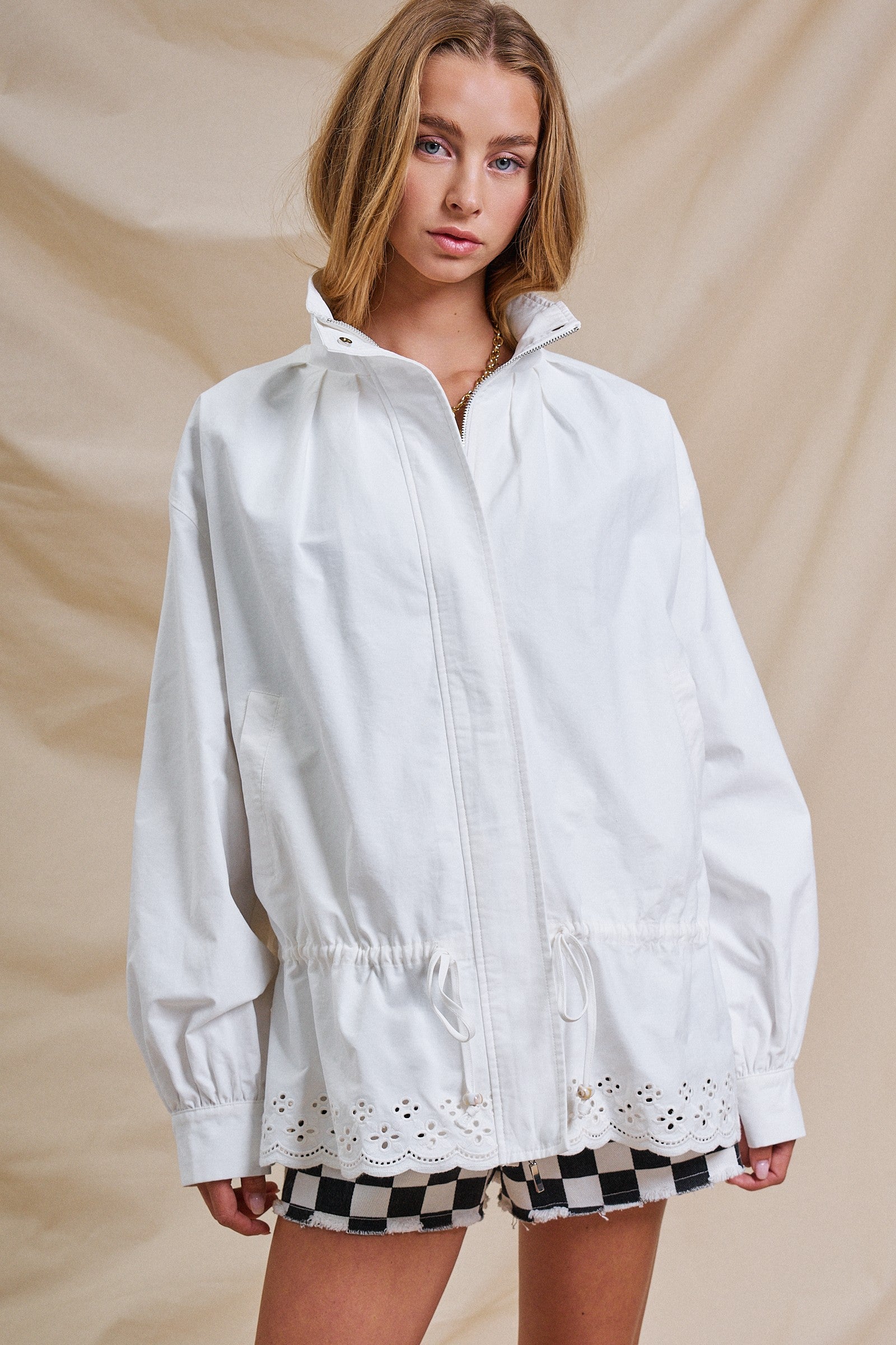 Eyelet Trim Drawstring Zip-Up Jacket in White - Women's Jackets & Outerwear | Urban Daizy