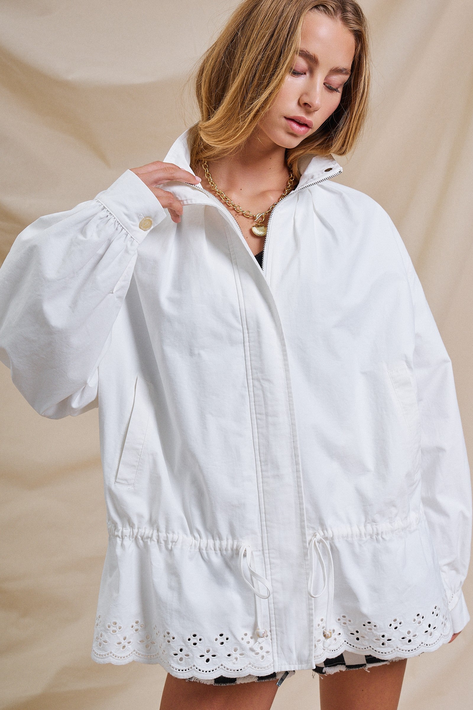 Eyelet Trim Drawstring Zip-Up Jacket in White - Women's Jackets & Outerwear | Urban Daizy