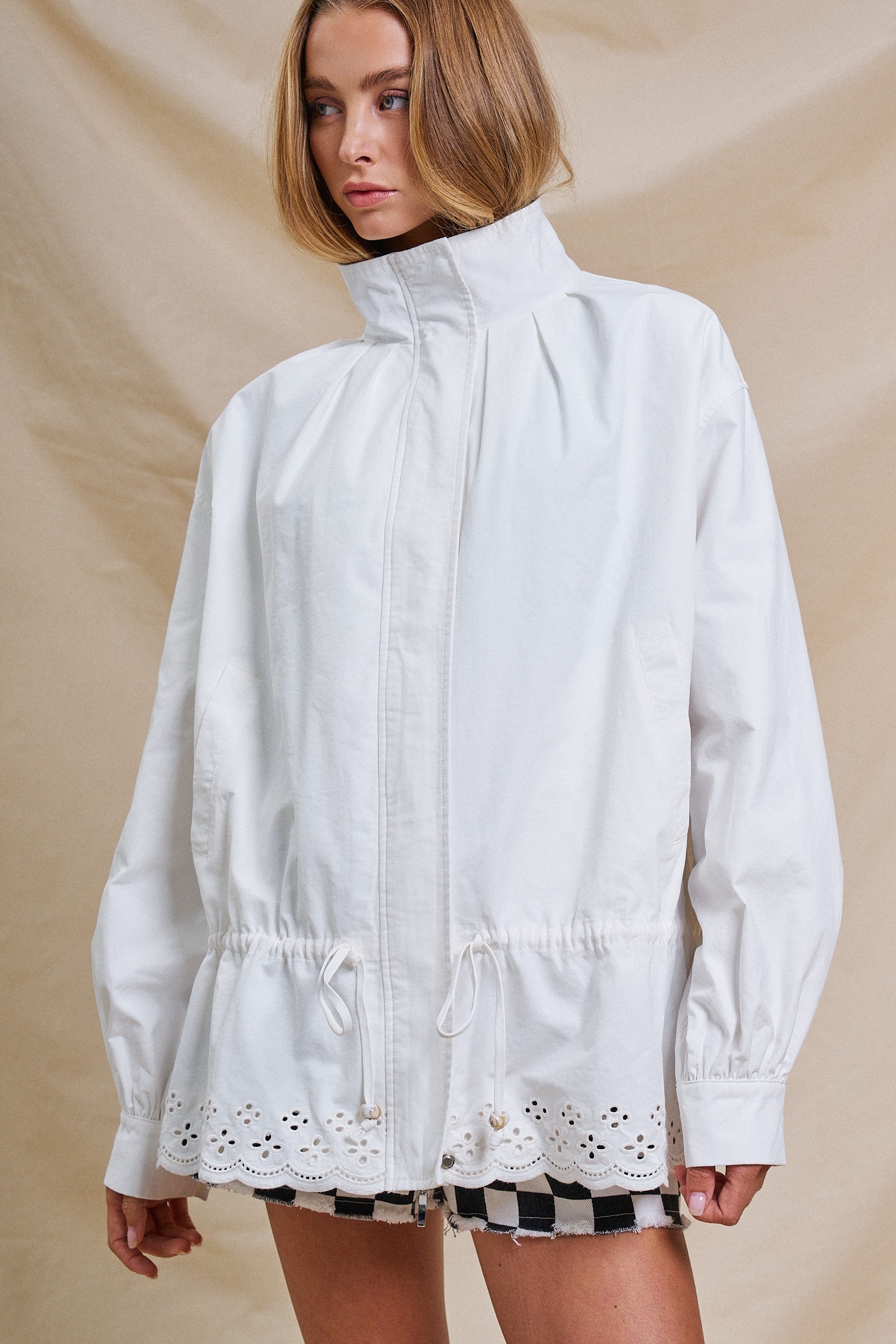 Eyelet Trim Drawstring Zip-Up Jacket in White - Women's Jackets & Outerwear | Urban Daizy
