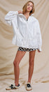 Eyelet Trim Drawstring Zip-Up Jacket in White - Women's Jackets & Outerwear | Urban Daizy