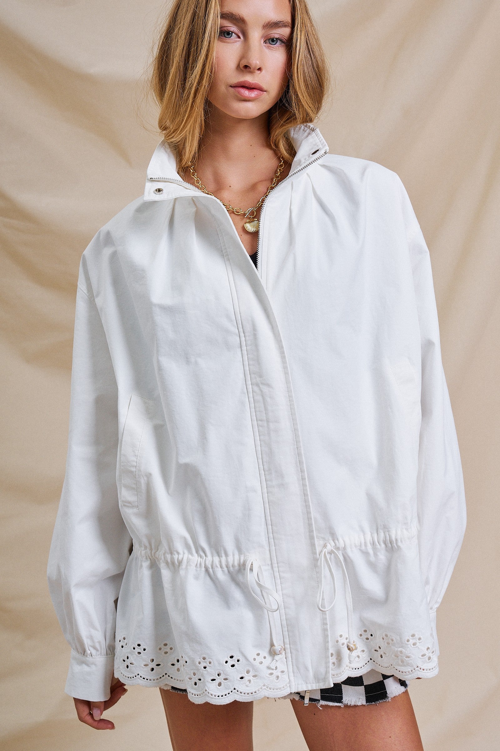 Eyelet Trim Drawstring Zip-Up Jacket in White - Women's Jackets & Outerwear | Urban Daizy