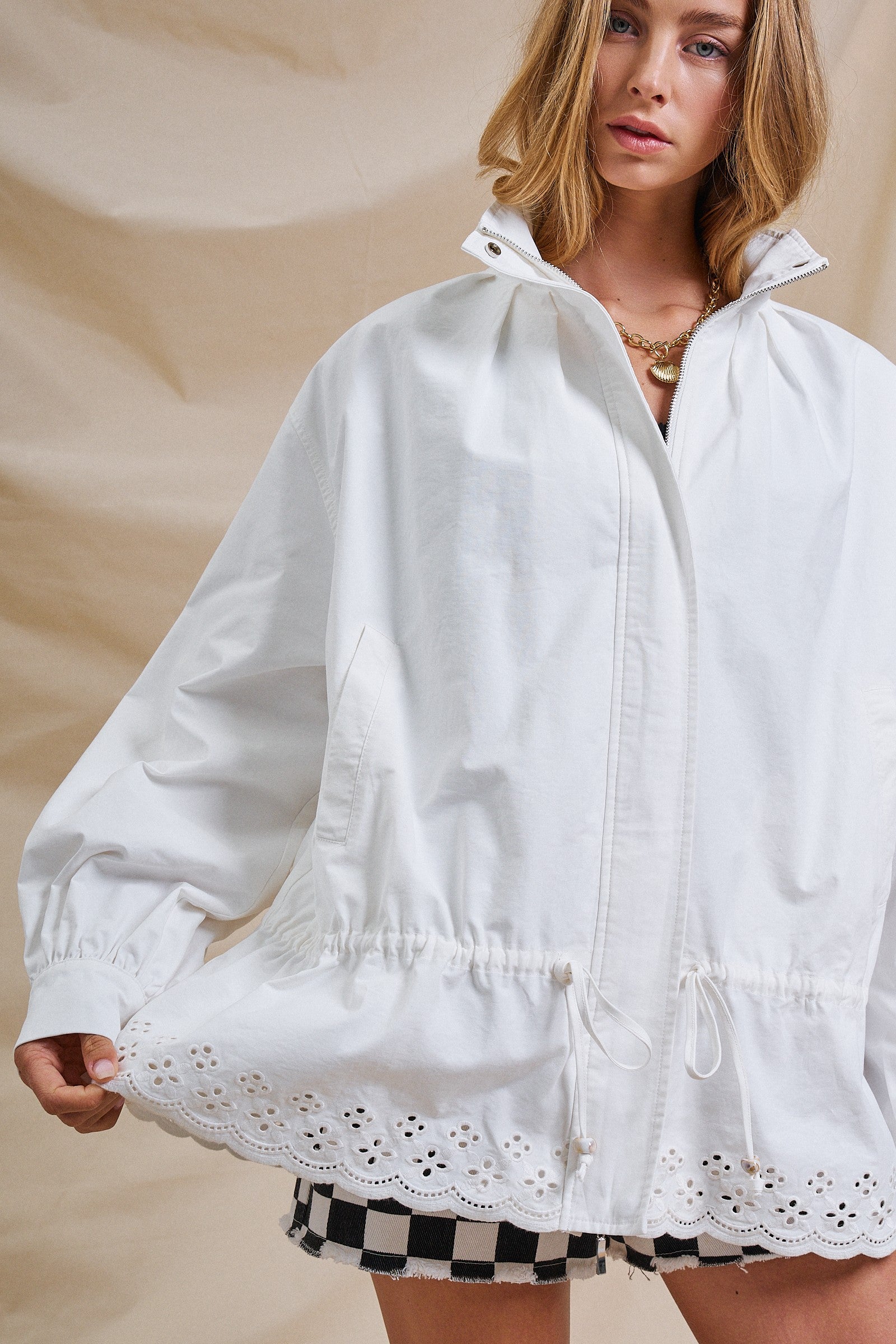 Eyelet Trim Drawstring Zip-Up Jacket in White - Women's Jackets & Outerwear | Urban Daizy