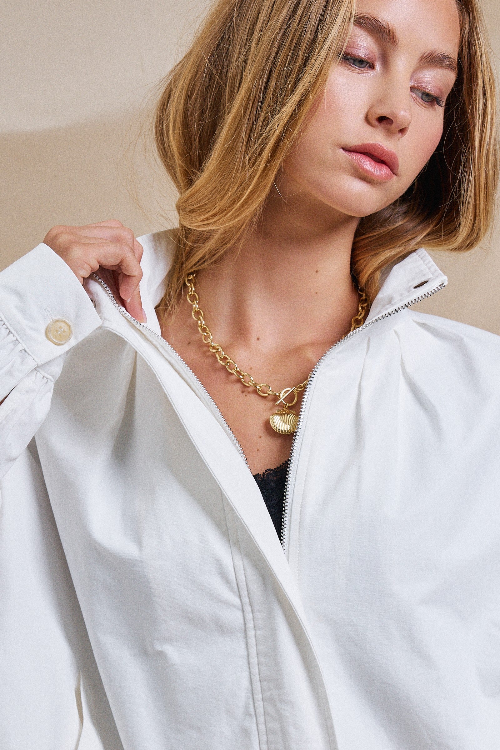 Eyelet Trim Drawstring Zip-Up Jacket in White - Women's Jackets & Outerwear | Urban Daizy