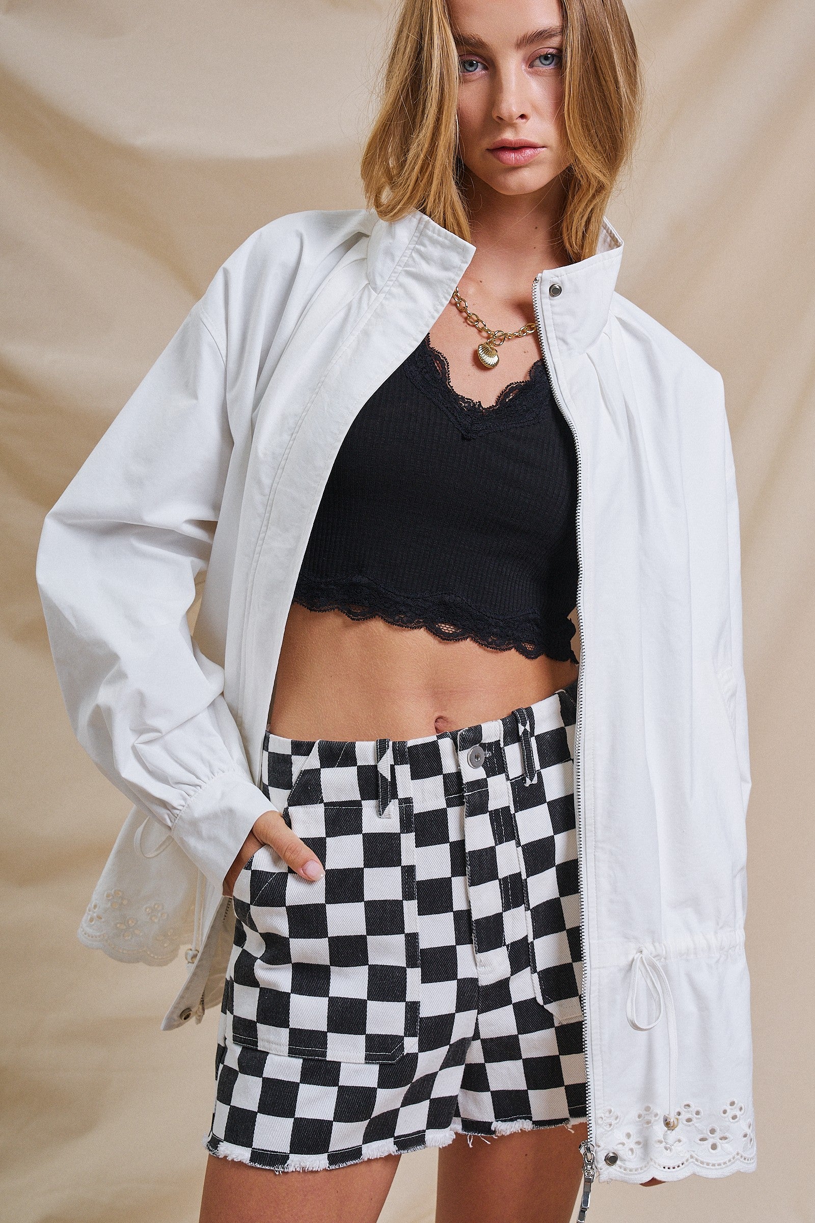 Eyelet Trim Drawstring Zip-Up Jacket in White - Women's Jackets & Outerwear | Urban Daizy