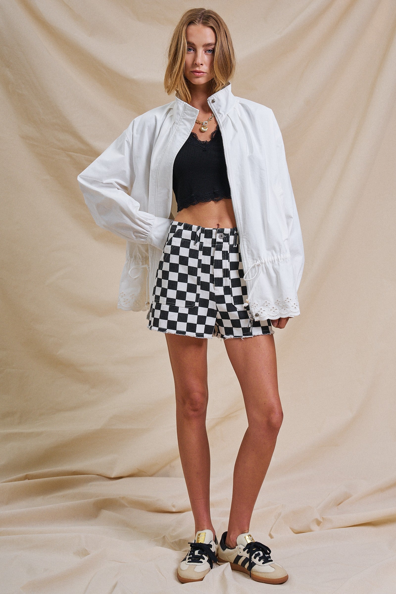Eyelet Trim Drawstring Zip-Up Jacket in White - Women's Jackets & Outerwear | Urban Daizy