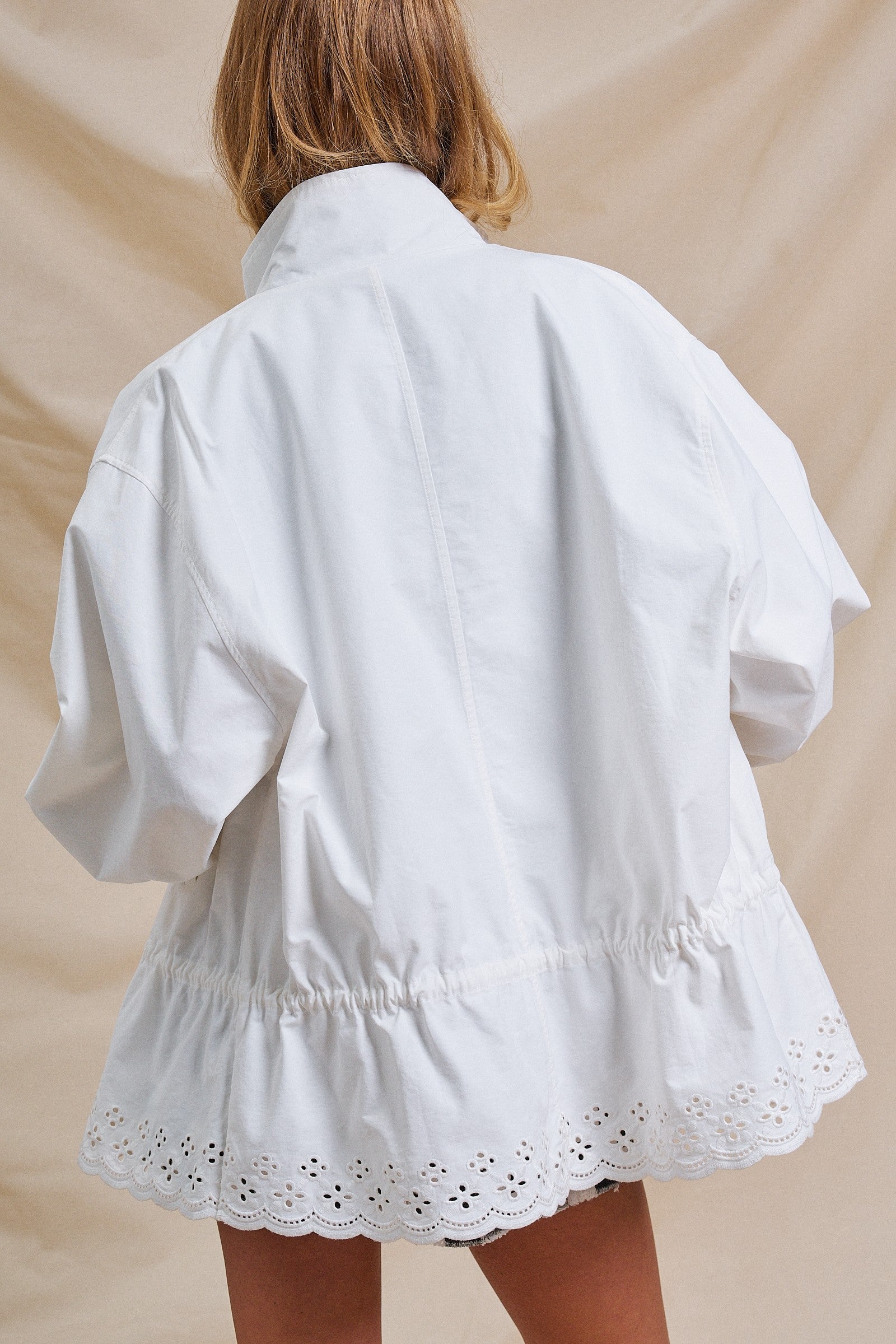Eyelet Trim Drawstring Zip-Up Jacket in White - Women's Jackets & Outerwear | Urban Daizy