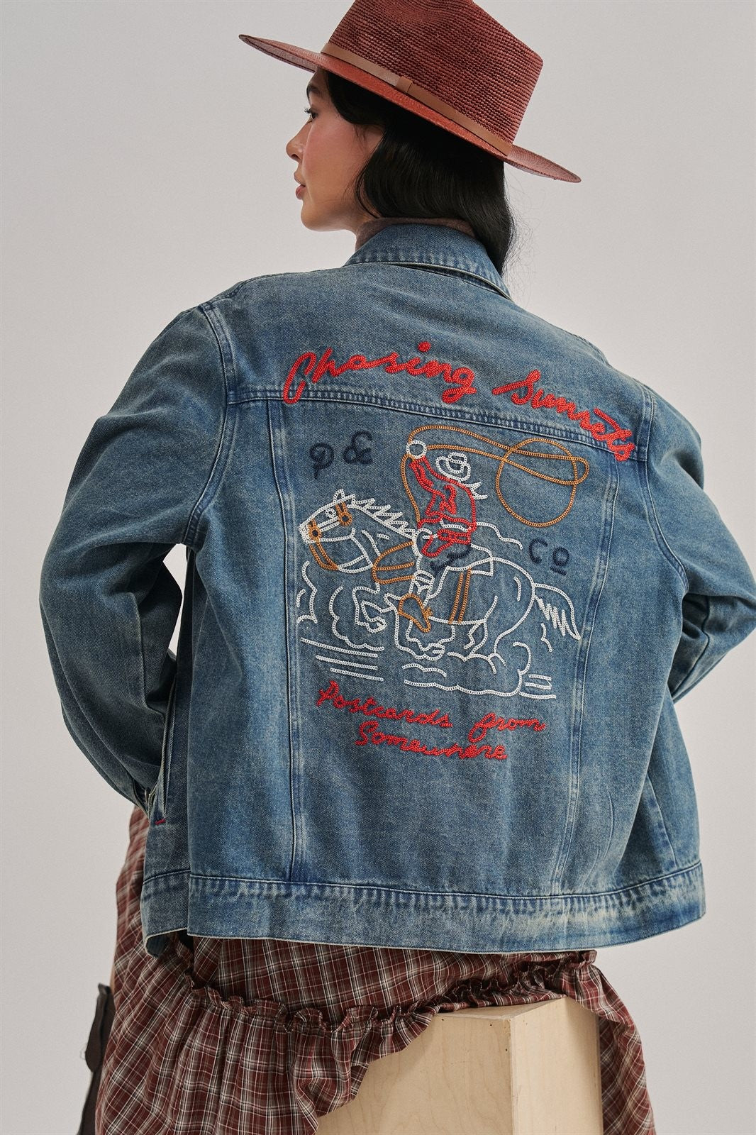 Embroidered Western Cowgirl Denim Trucker Jacket in Denim - Women's Jackets & Blazers | Urban Daizy