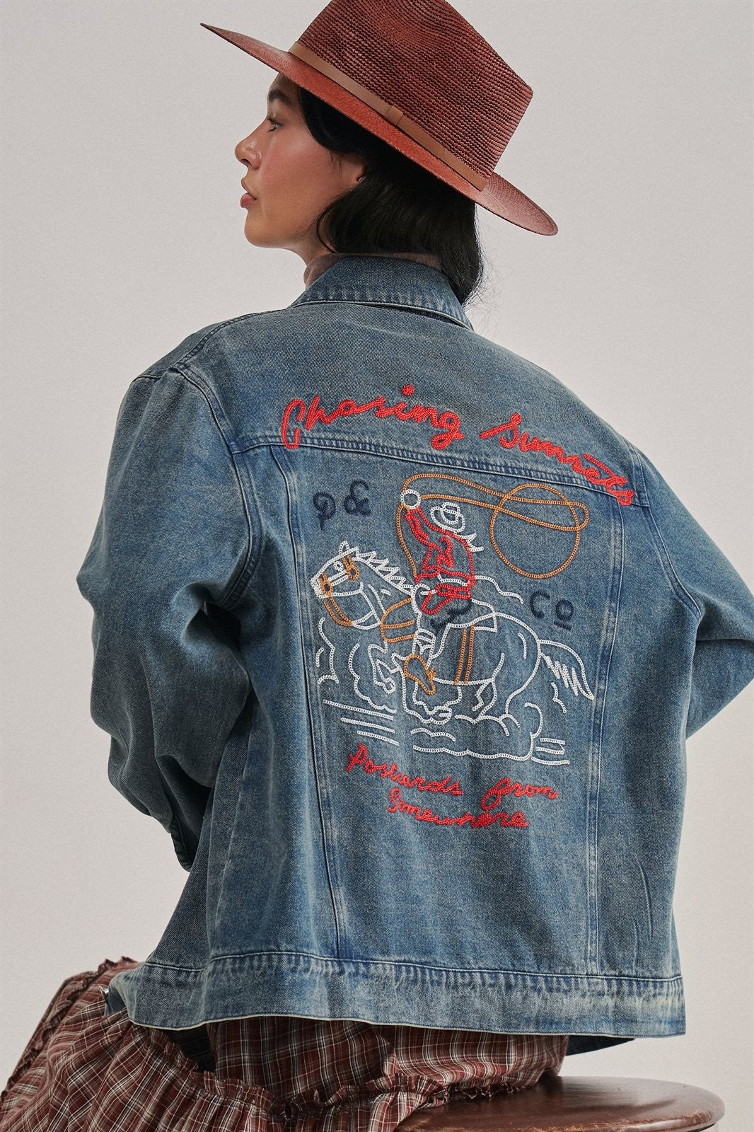Embroidered Western Cowgirl Denim Trucker Jacket in Denim - Women's Jackets & Blazers | Urban Daizy