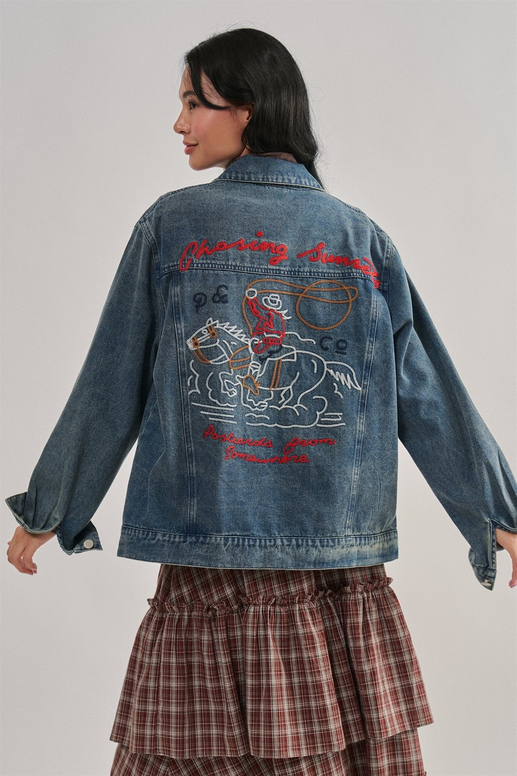 Embroidered Western Cowgirl Denim Trucker Jacket in Denim - Women's Jackets & Blazers | Urban Daizy
