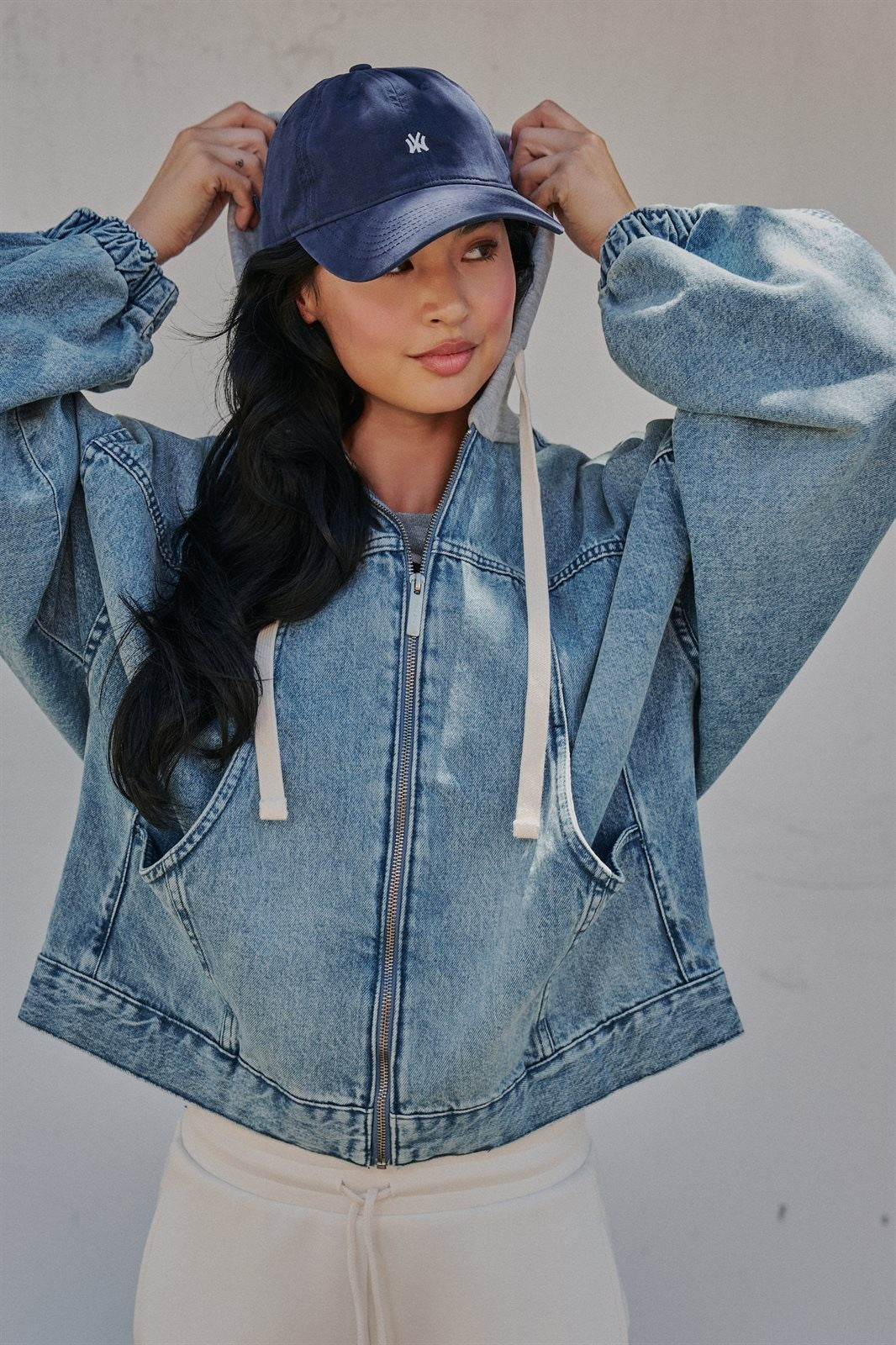 Hooded Denim Zip Up Jacket with Terry Hood in Denim - Women's Jackets & Blazers | Urban Daizy