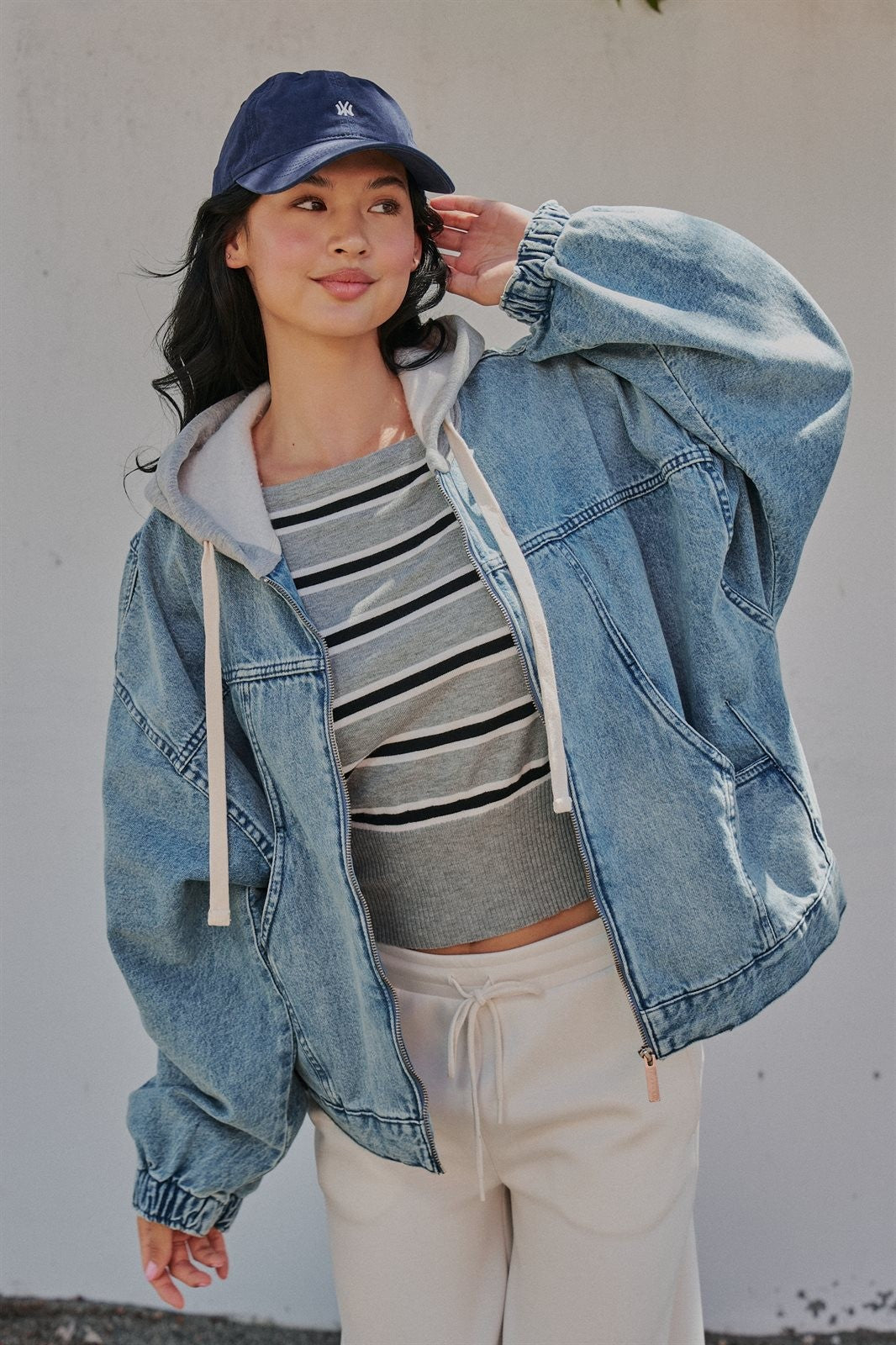 Hooded Denim Zip Up Jacket with Terry Hood in Denim - Women's Jackets & Blazers | Urban Daizy