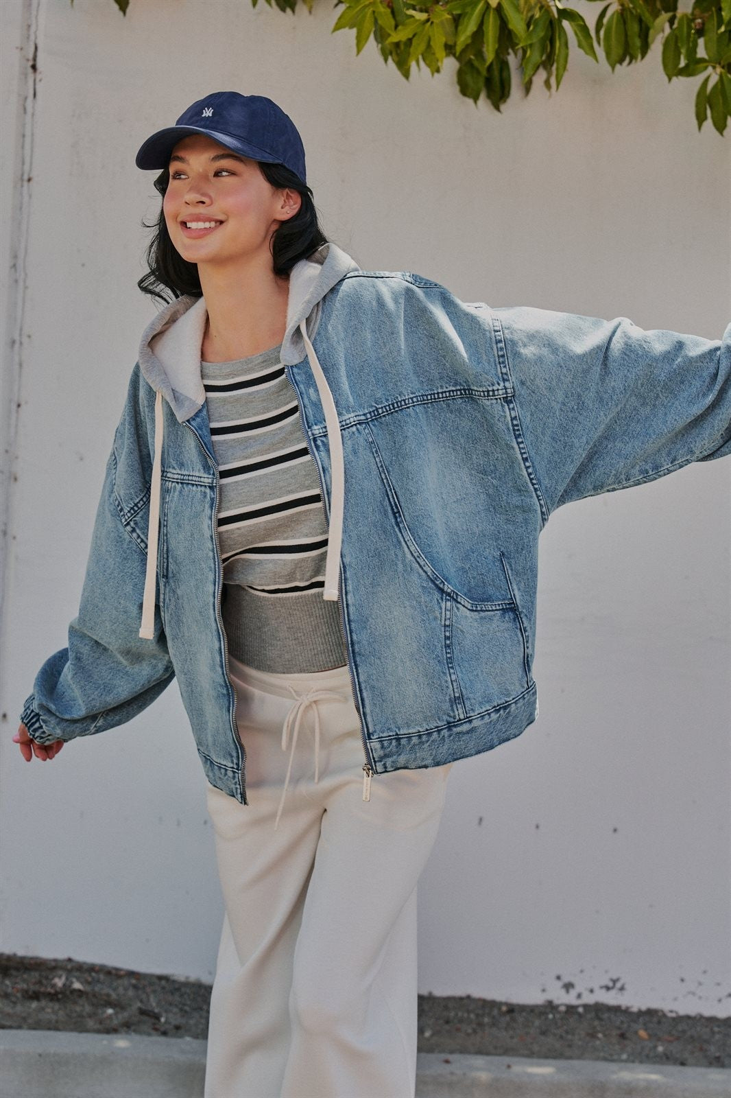 Hooded Denim Zip Up Jacket with Terry Hood in Denim - Women's Jackets & Blazers | Urban Daizy