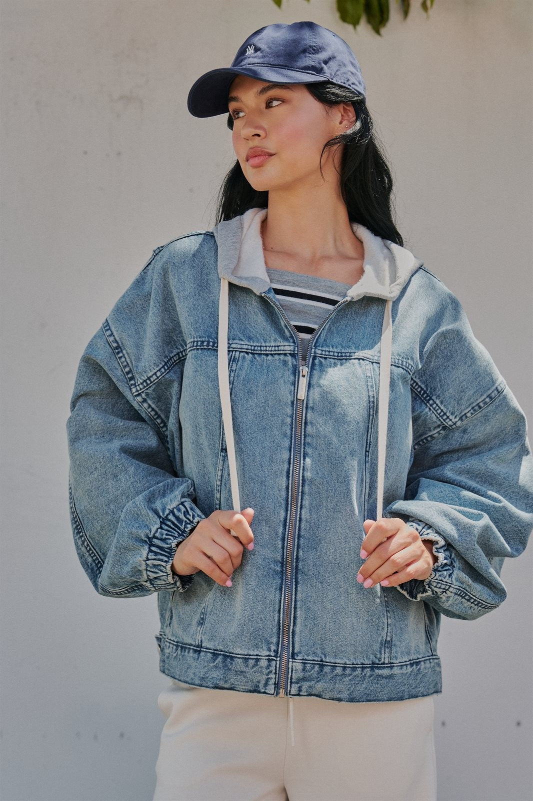 Hooded Denim Zip Up Jacket with Terry Hood in Denim - Women's Jackets & Blazers | Urban Daizy