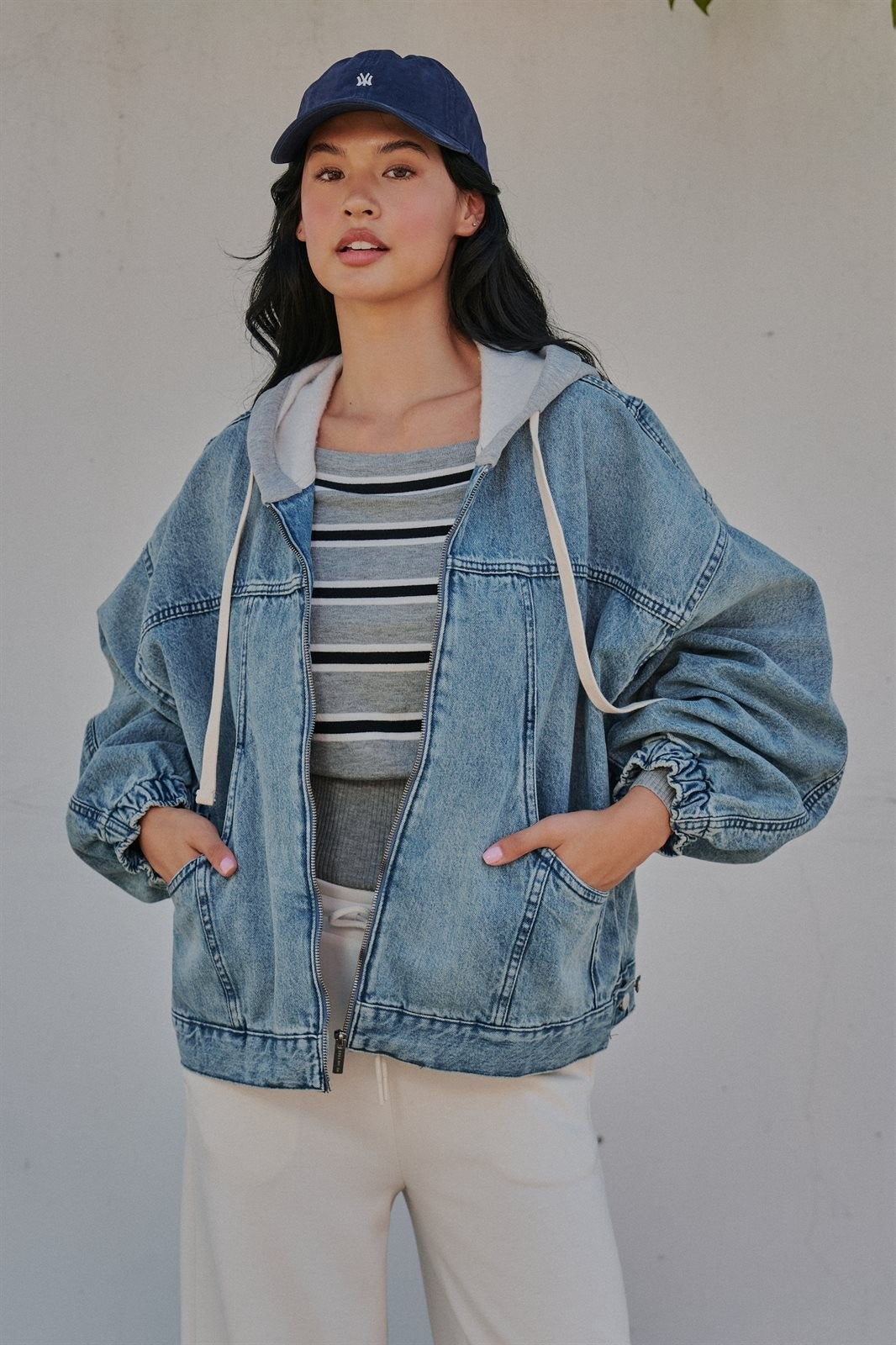 Hooded Denim Zip Up Jacket with Terry Hood in Denim - Women's Jackets & Blazers | Urban Daizy