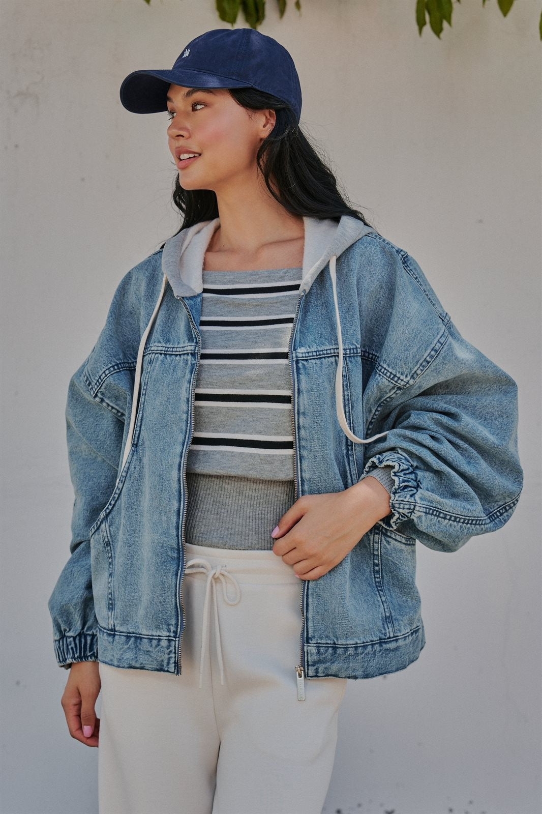 Hooded Denim Zip Up Jacket with Terry Hood in Denim - Women's Jackets & Blazers | Urban Daizy
