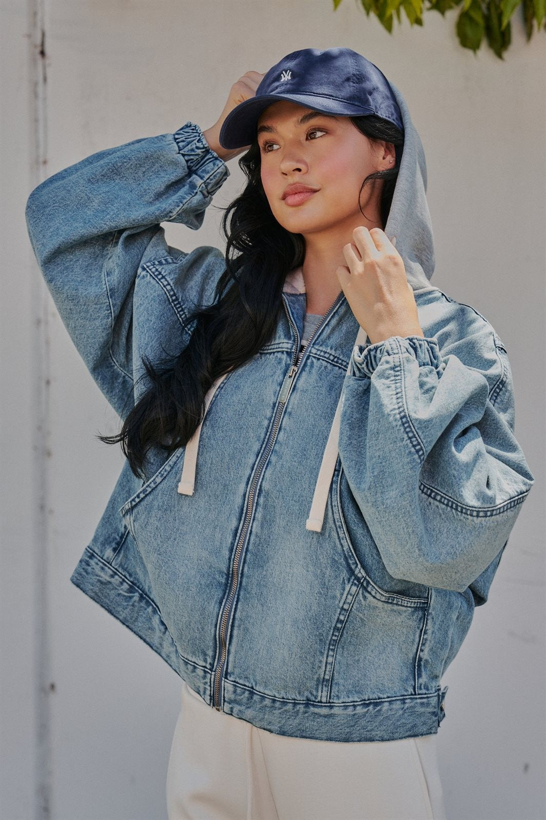 Hooded Denim Zip Up Jacket with Terry Hood in Denim - Women's Jackets & Blazers | Urban Daizy