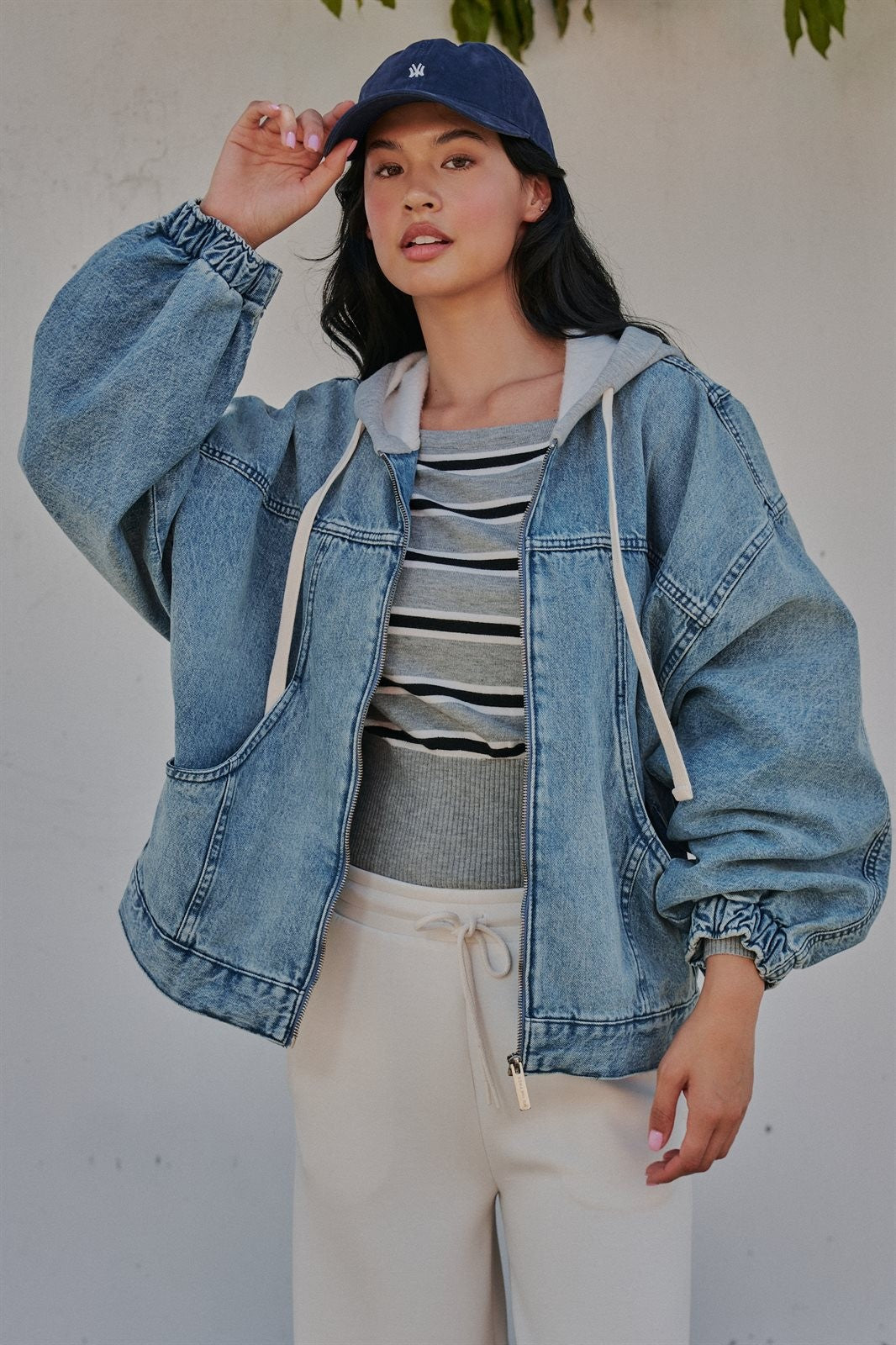 Hooded Denim Zip Up Jacket with Terry Hood in Denim - Women's Jackets & Blazers | Urban Daizy