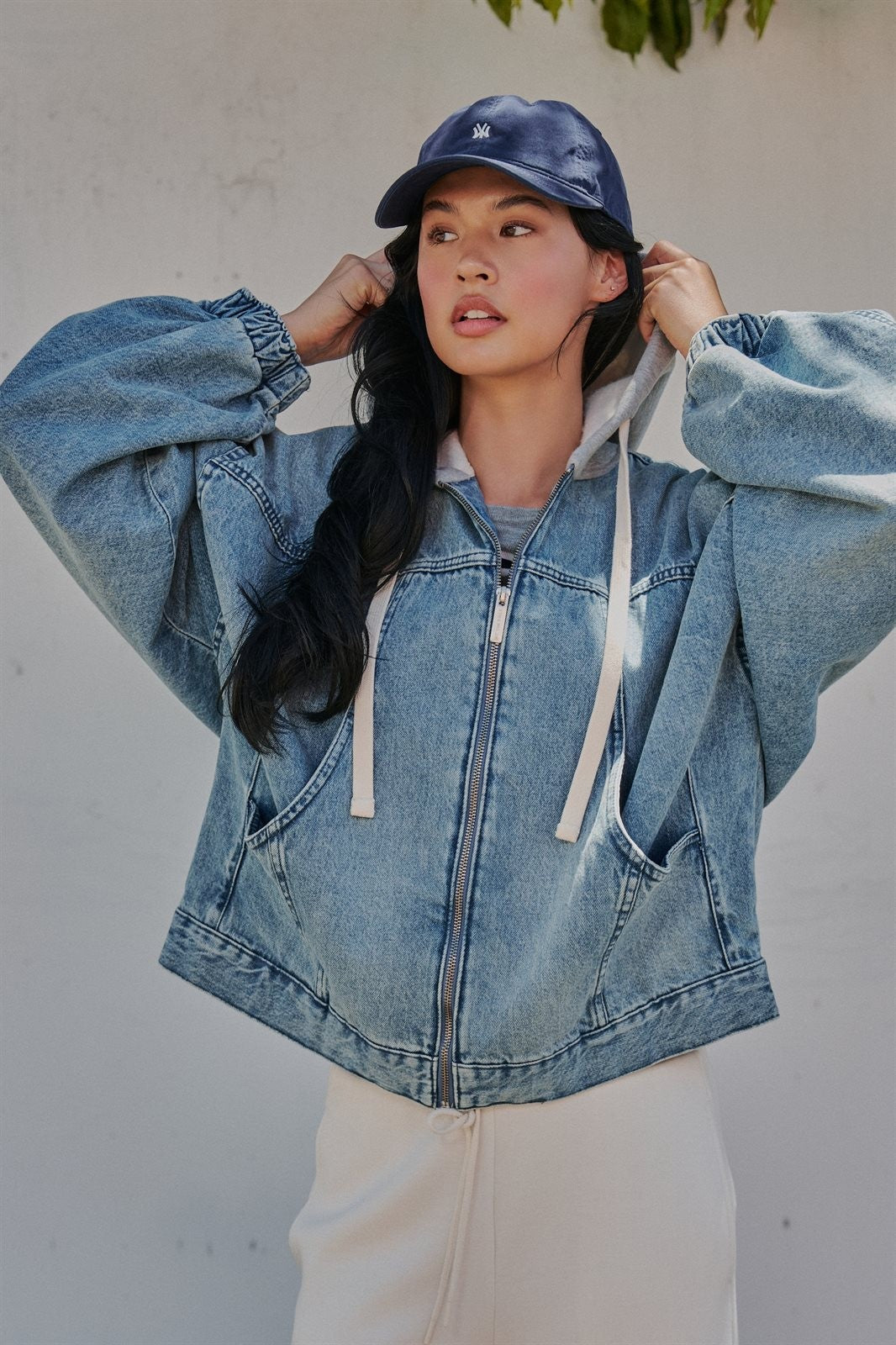 Hooded Denim Zip Up Jacket with Terry Hood in Denim - Women's Jackets & Blazers | Urban Daizy