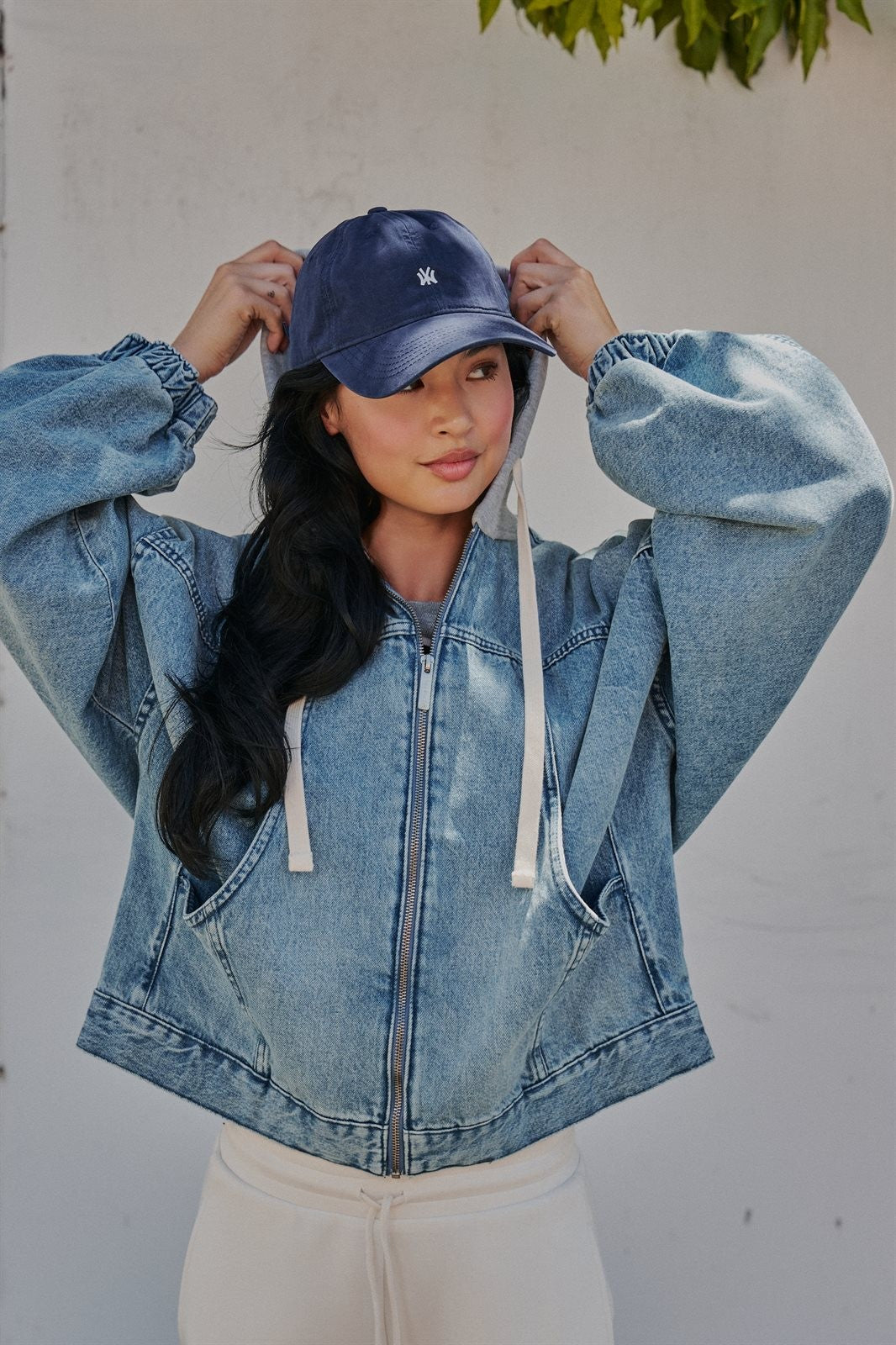 Hooded Denim Zip Up Jacket with Terry Hood in Denim - Women's Jackets & Blazers | Urban Daizy