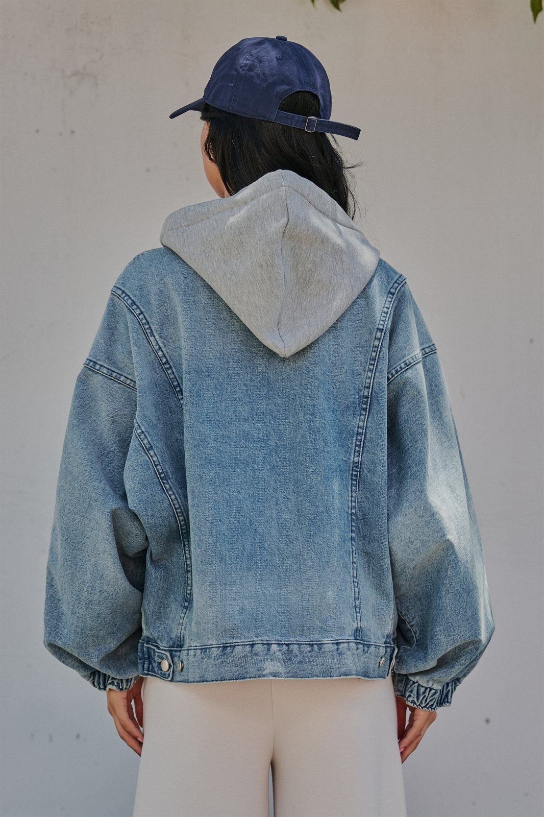 Hooded Denim Zip Up Jacket with Terry Hood in Denim - Women's Jackets & Blazers | Urban Daizy