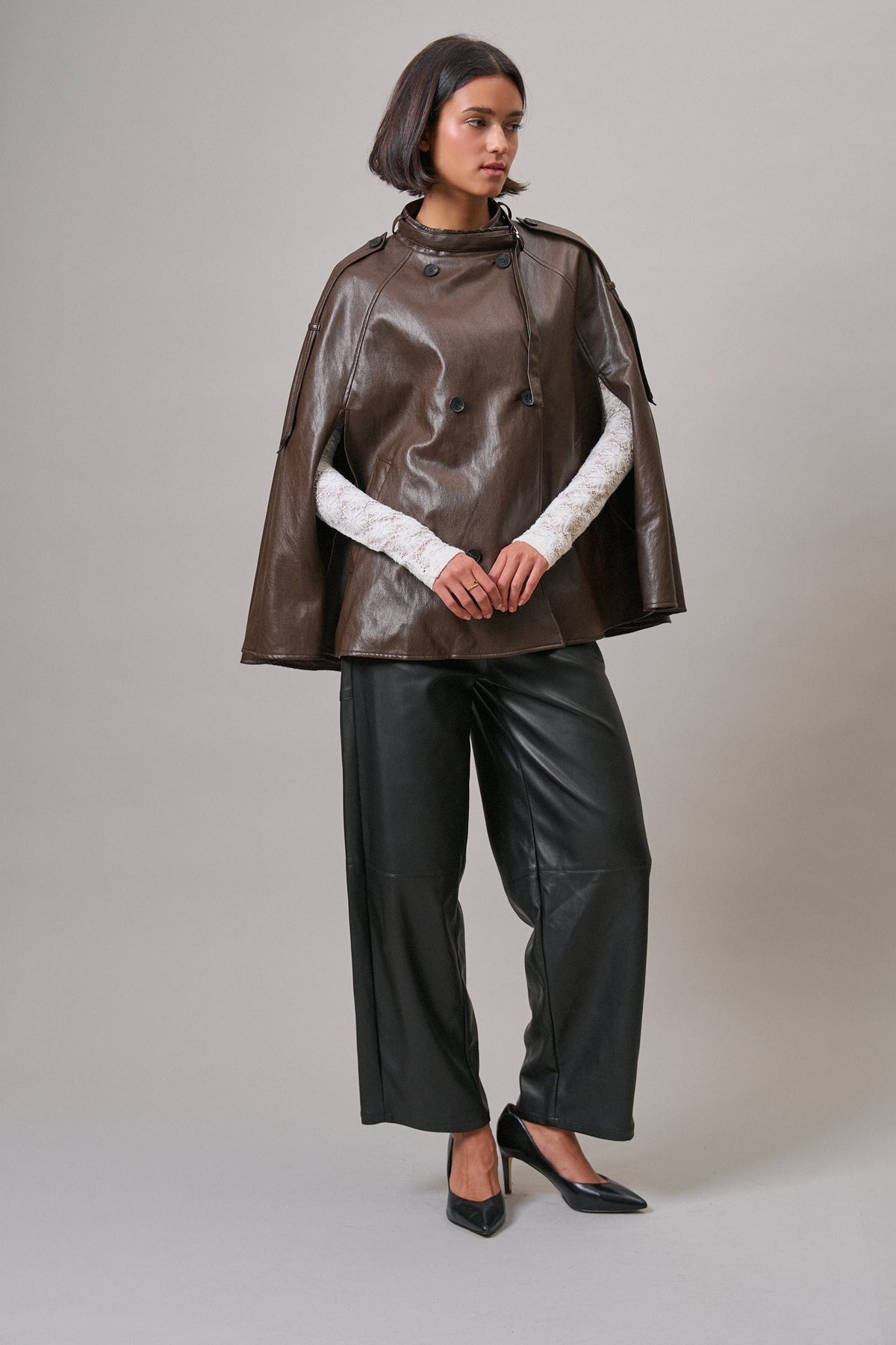 Boulevard Faux Leather Cape Jacket in Brown - Women's Capes & Ponchos | Urban Daizy