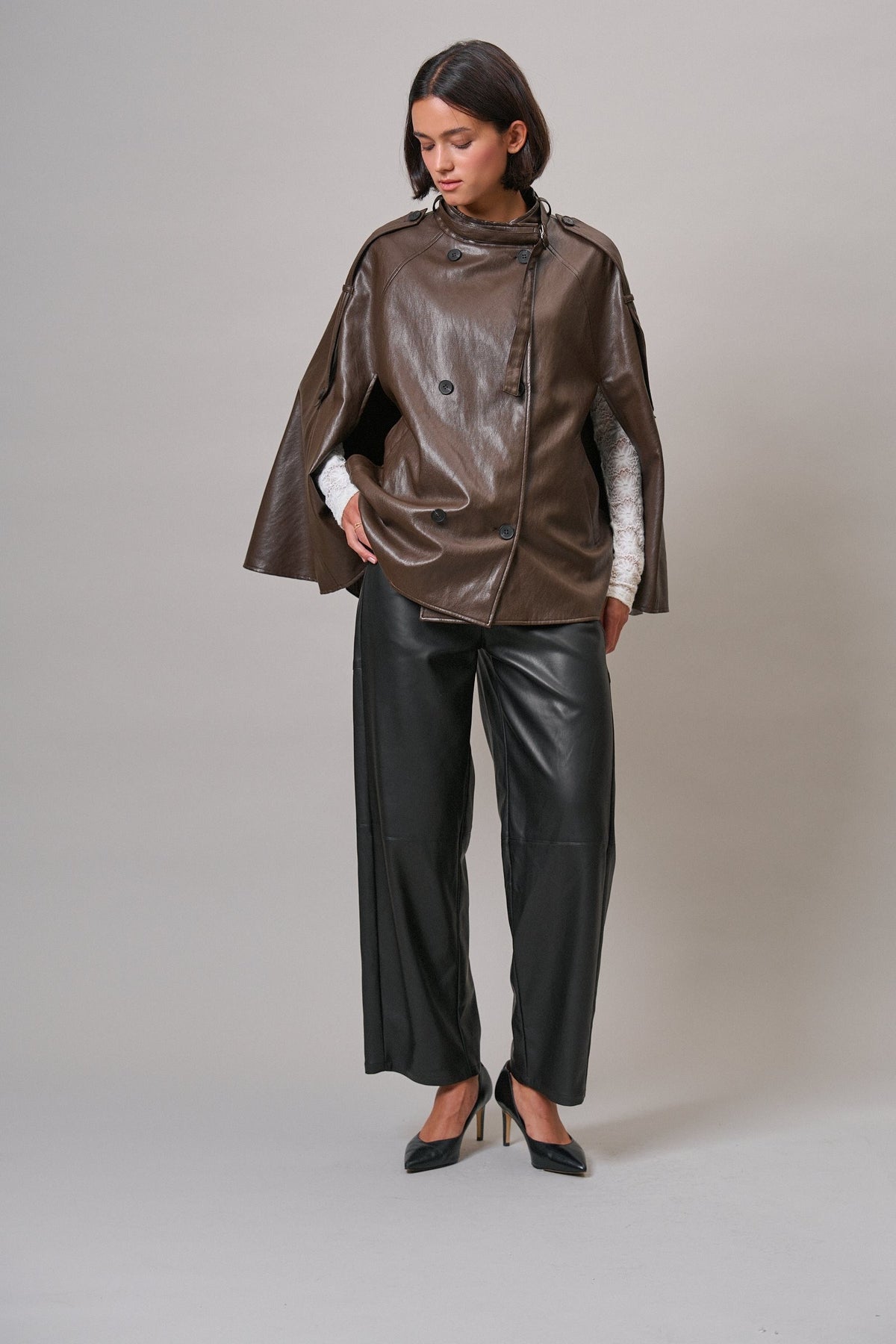 Boulevard Faux Leather Cape Jacket in Brown - Women's Capes & Ponchos | Urban Daizy