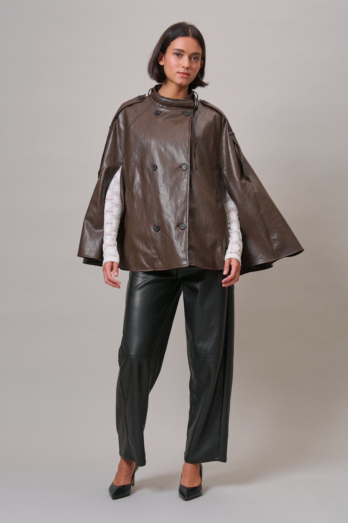 Boulevard Faux Leather Cape Jacket in Brown - Women's Capes & Ponchos | Urban Daizy