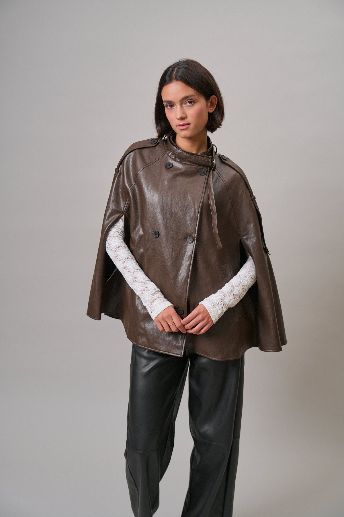 Boulevard Faux Leather Cape Jacket in Brown - Women's Capes & Ponchos | Urban Daizy