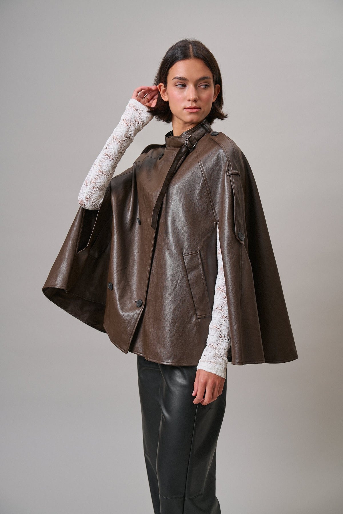 Boulevard Faux Leather Cape Jacket in Brown - Women's Capes & Ponchos | Urban Daizy