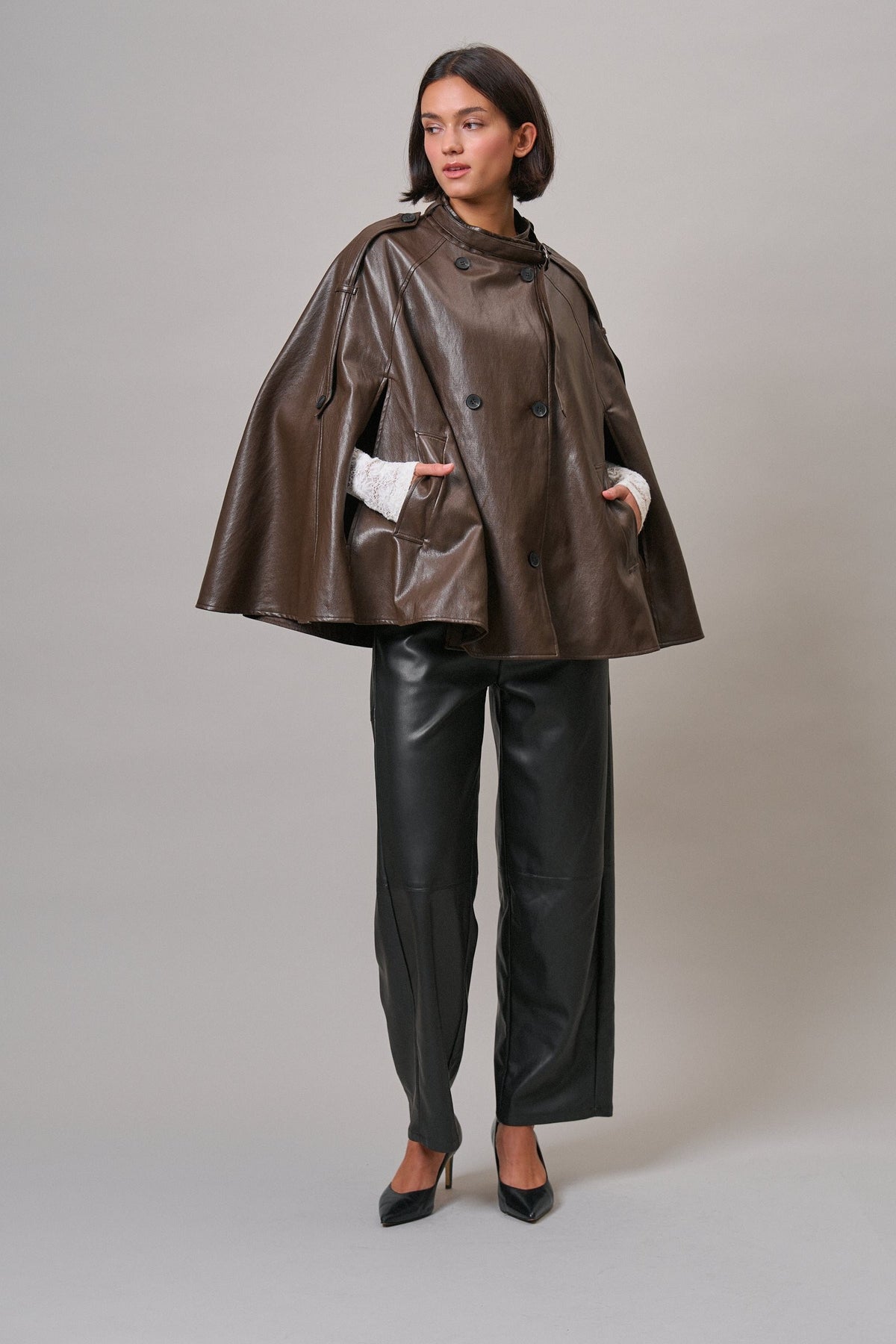 Boulevard Faux Leather Cape Jacket in Brown - Women's Capes & Ponchos | Urban Daizy