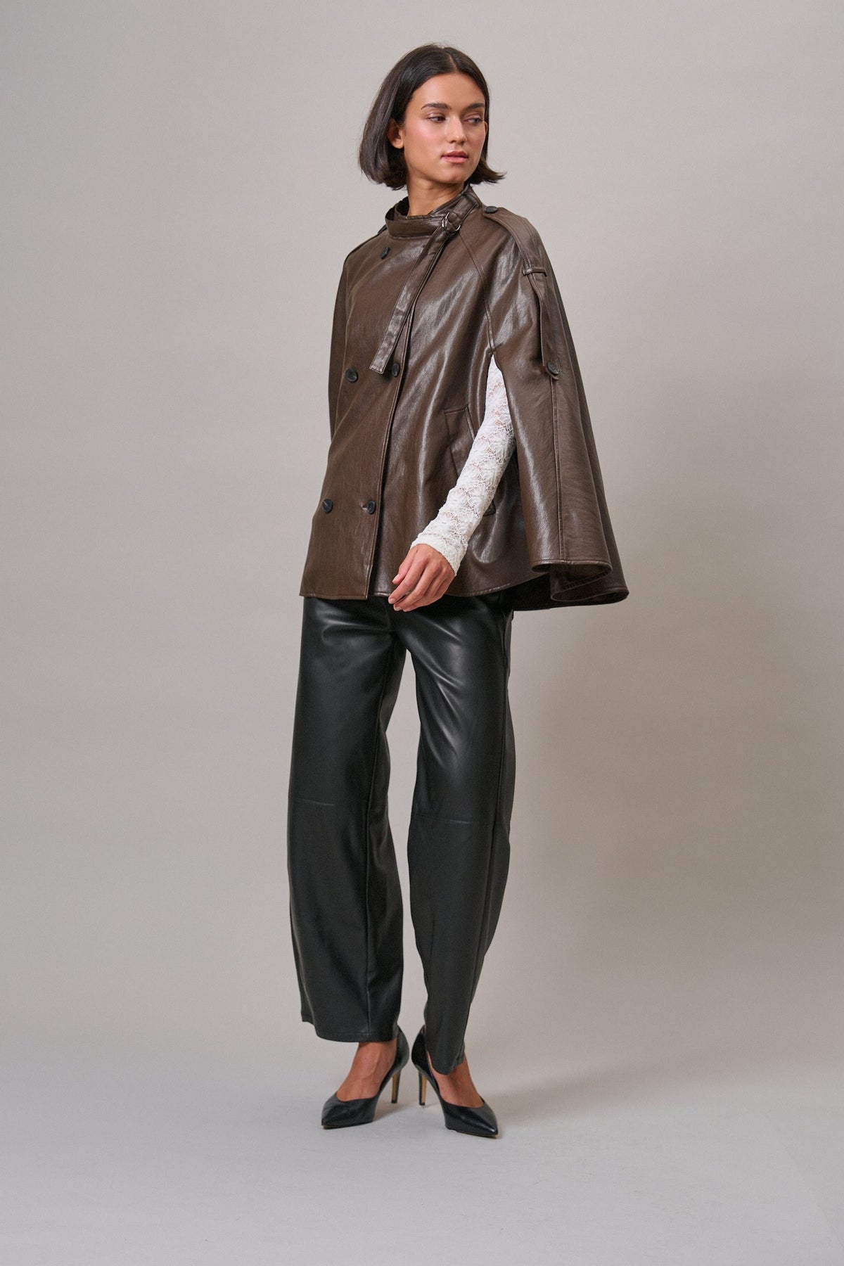 Boulevard Faux Leather Cape Jacket in Brown - Women's Capes & Ponchos | Urban Daizy