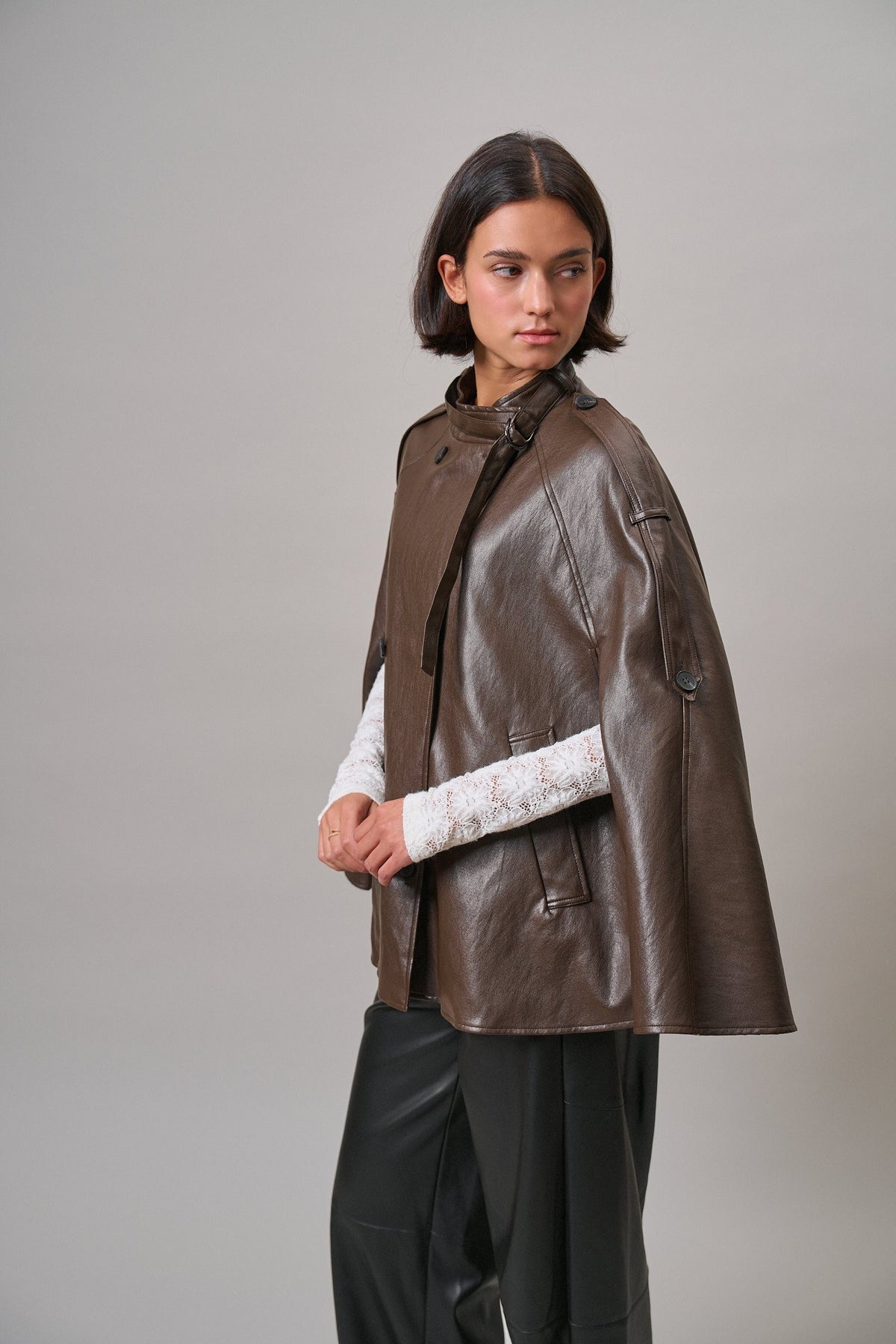 Boulevard Faux Leather Cape Jacket in Brown - Women's Capes & Ponchos | Urban Daizy