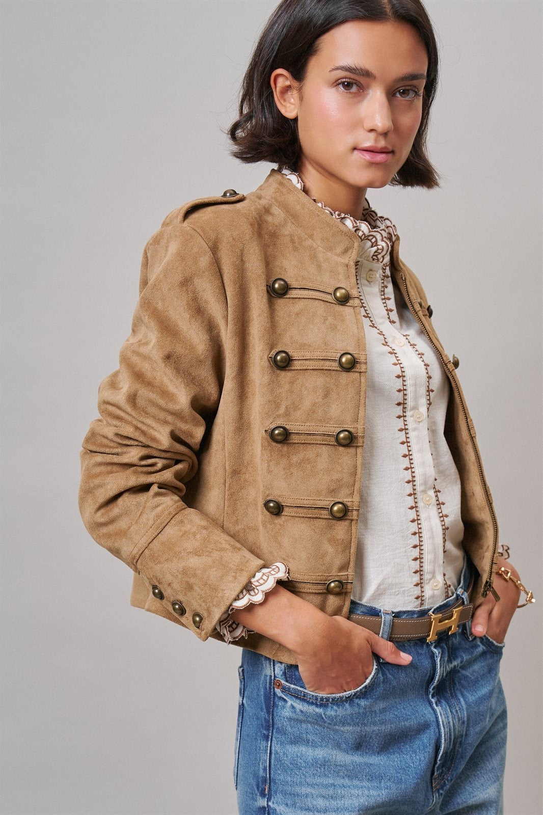 Napoleon Double-Breasted Faux Suede Jacket in Black - Women's Jackets & Blazers | Urban Daizy
