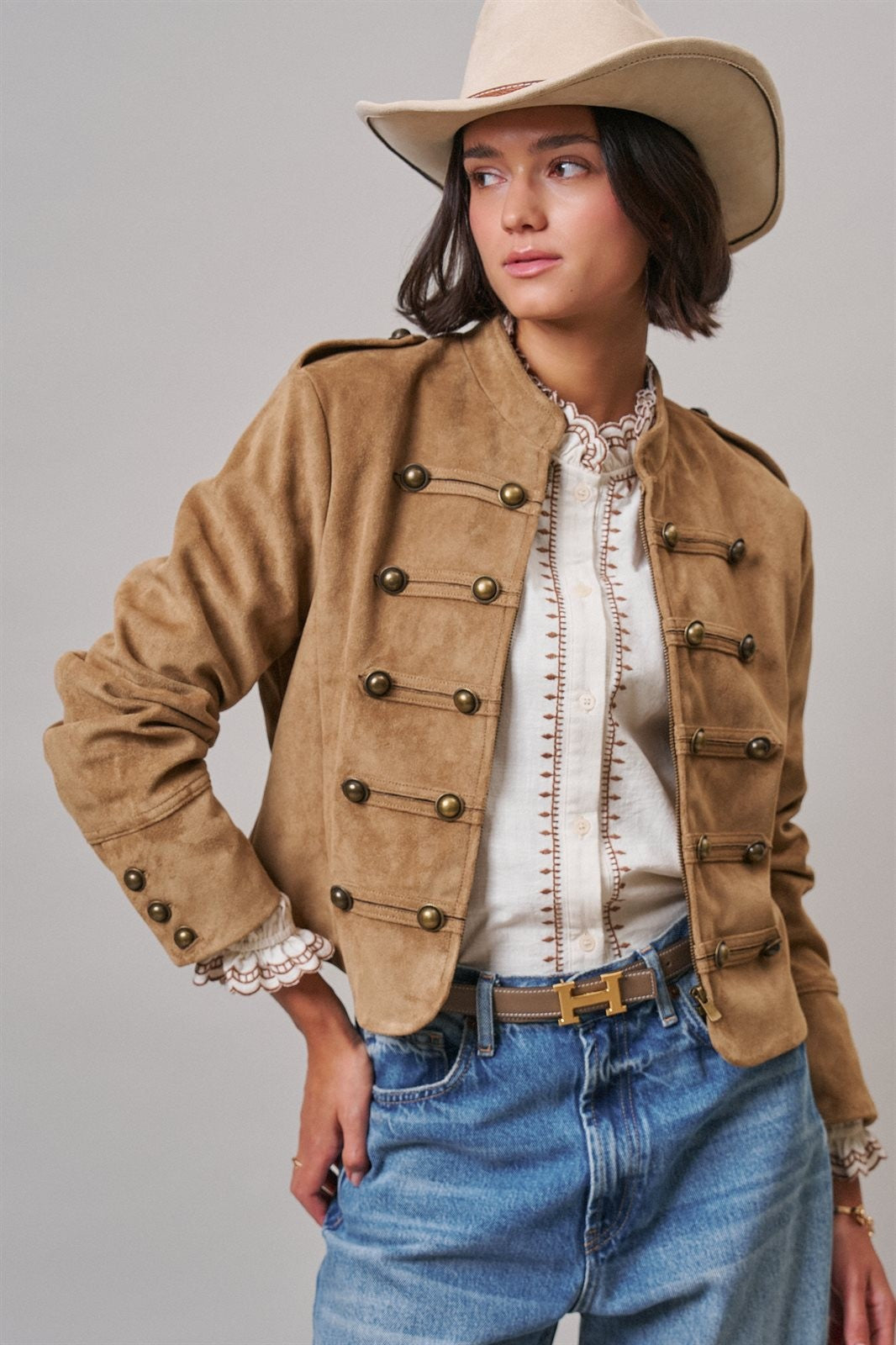 Napoleon Double-Breasted Faux Suede Jacket in Camel - Women's Jackets & Blazers | Urban Daizy