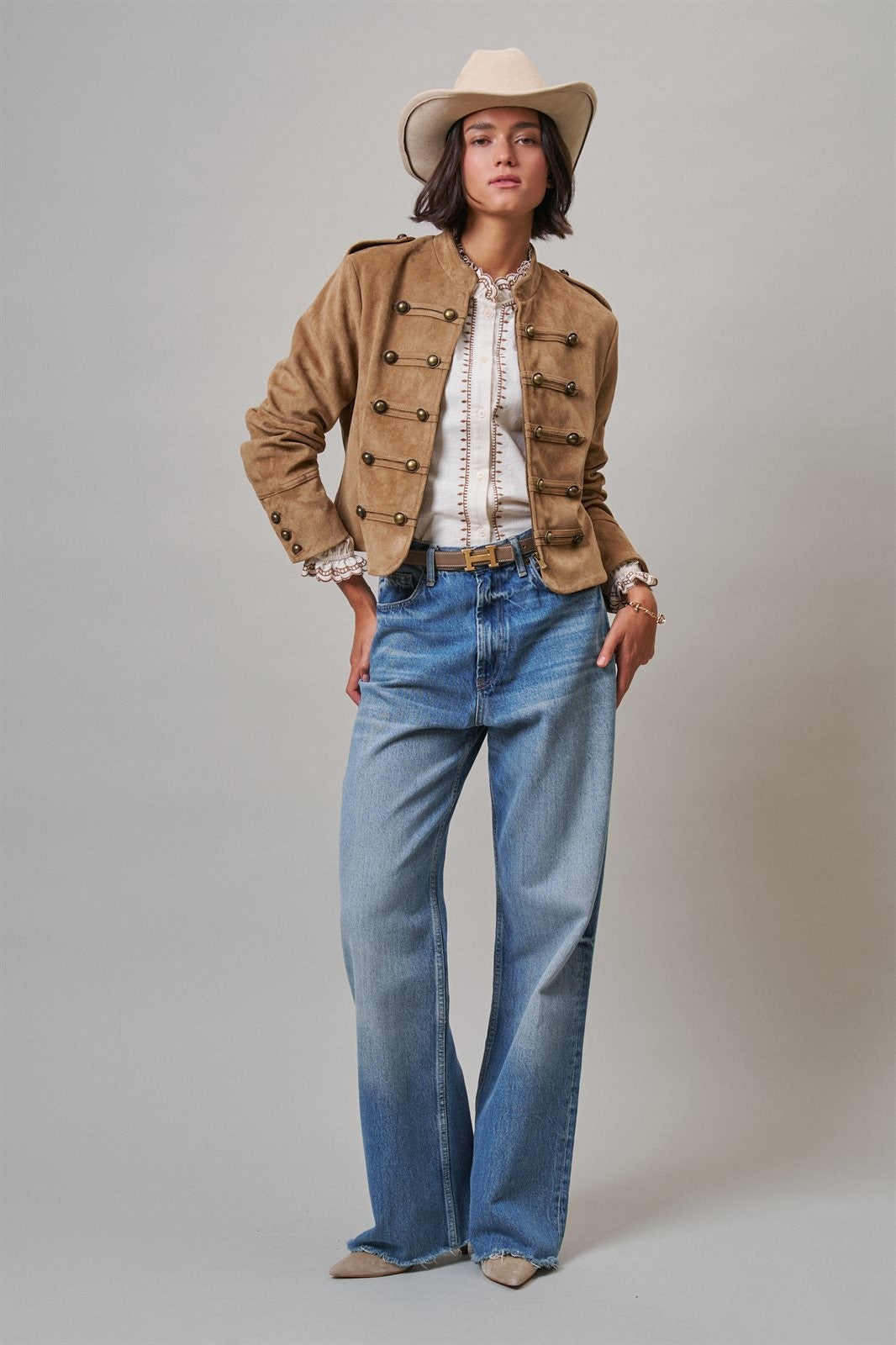 Napoleon Double-Breasted Faux Suede Jacket in Camel - Women's Jackets & Blazers | Urban Daizy