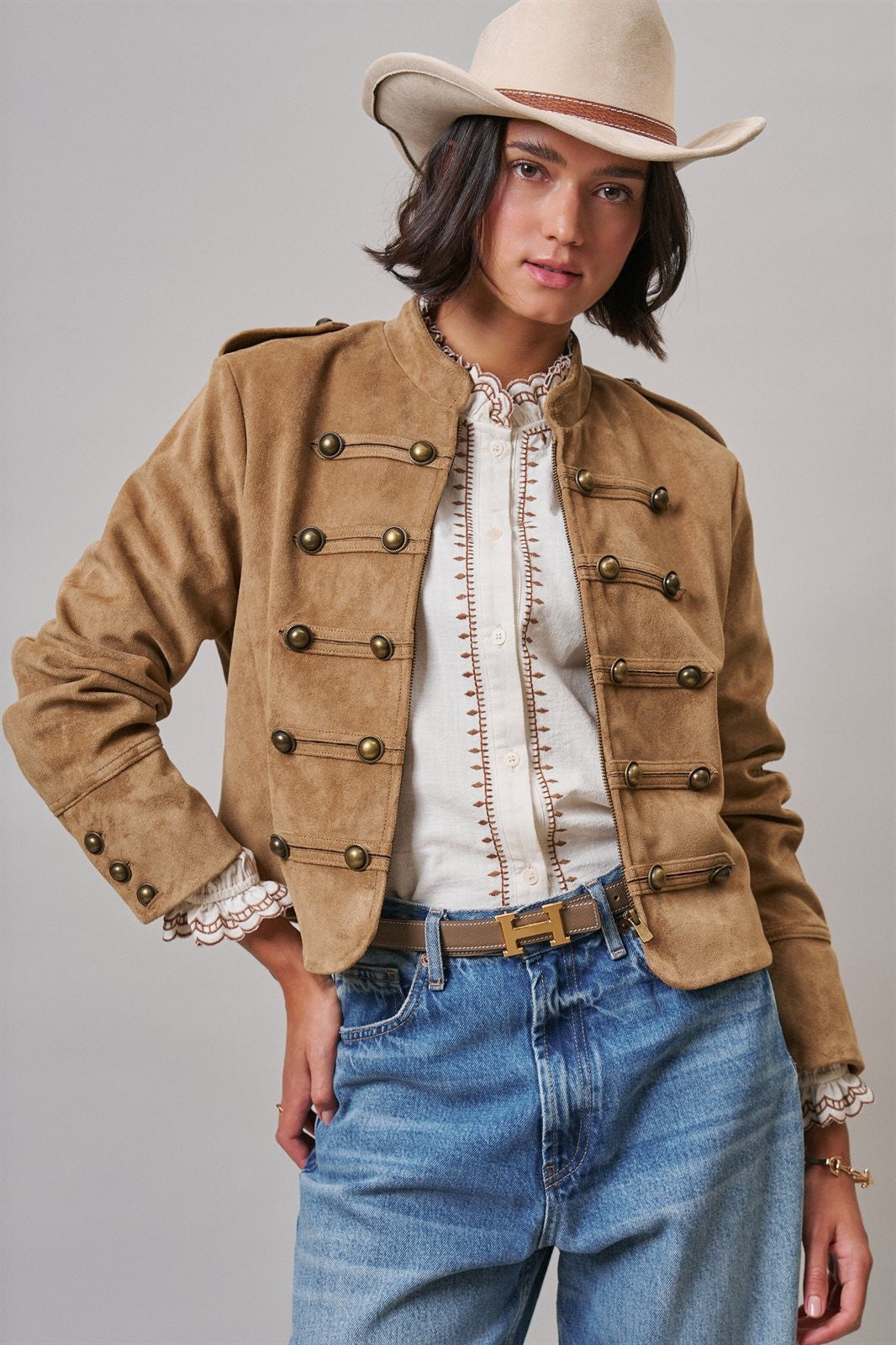 Napoleon Double-Breasted Faux Suede Jacket in Camel - Women's Jackets & Blazers | Urban Daizy
