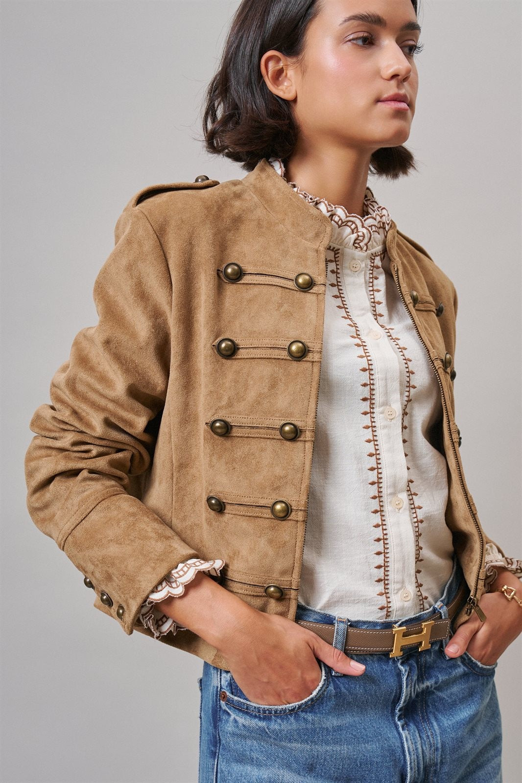 Napoleon Double-Breasted Faux Suede Jacket in Camel - Women's Jackets & Blazers | Urban Daizy