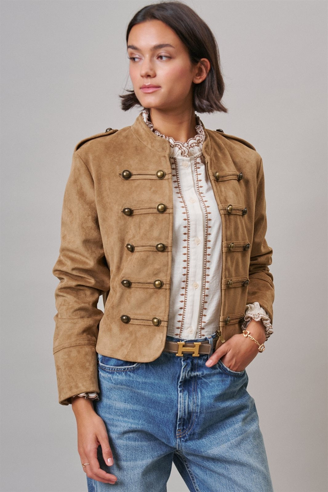Napoleon Double-Breasted Faux Suede Jacket in Camel - Women's Jackets & Blazers | Urban Daizy