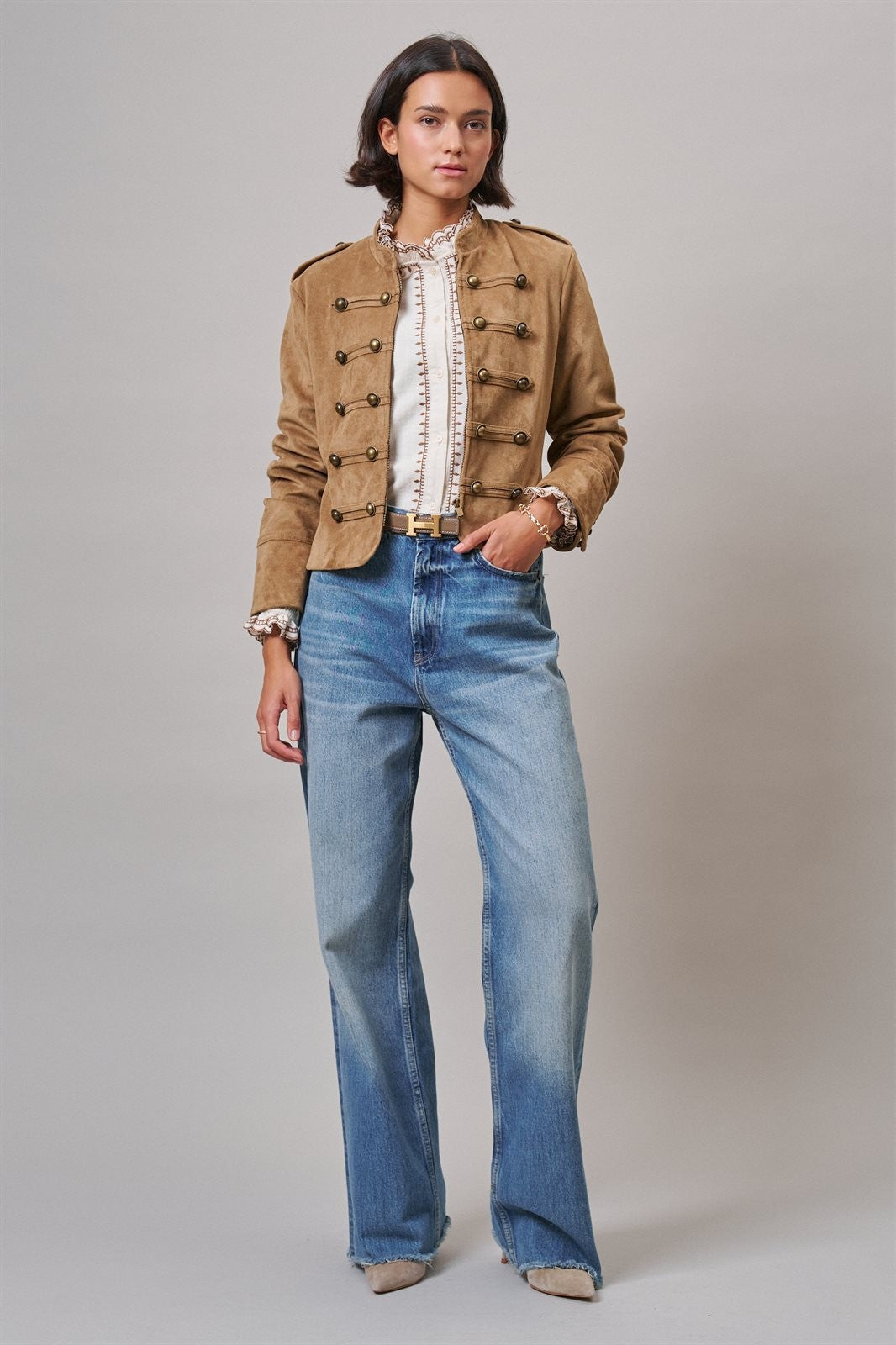 Napoleon Double-Breasted Faux Suede Jacket in Camel - Women's Jackets & Blazers | Urban Daizy