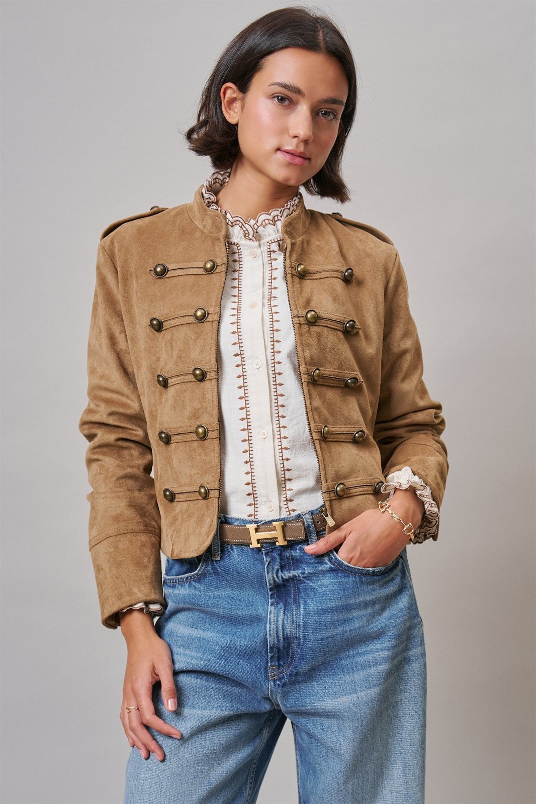 Napoleon Double-Breasted Faux Suede Jacket in Camel - Women's Jackets & Blazers | Urban Daizy