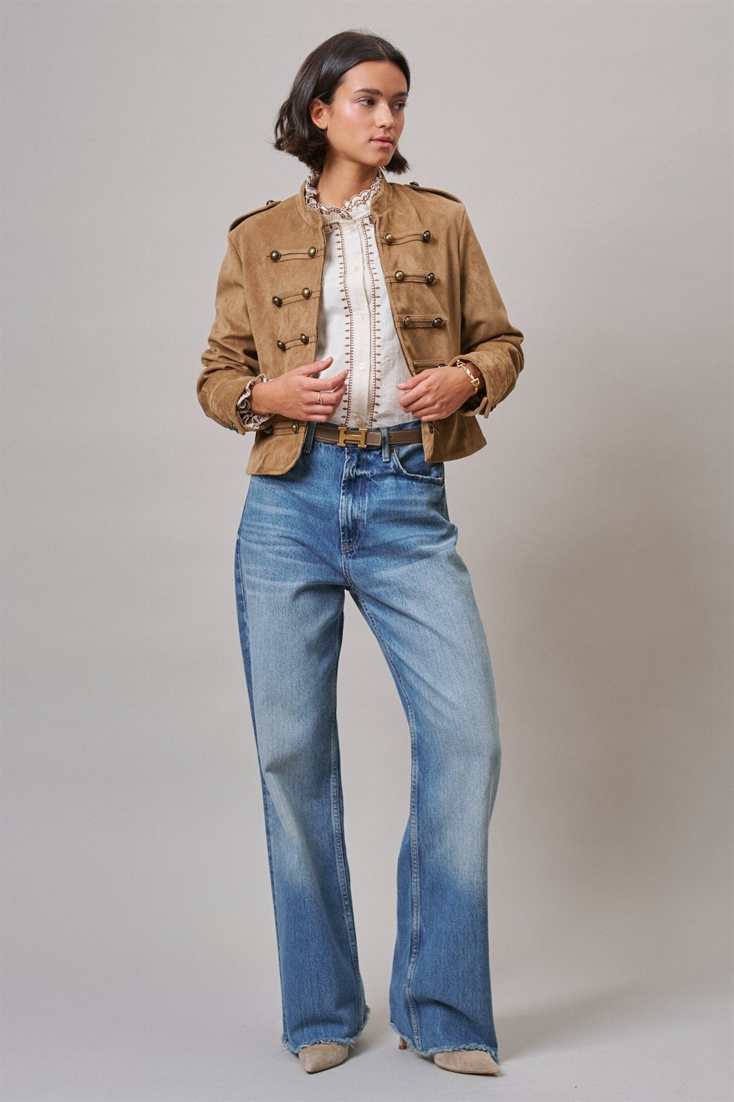 Napoleon Double-Breasted Faux Suede Jacket in Camel - Women's Jackets & Blazers | Urban Daizy
