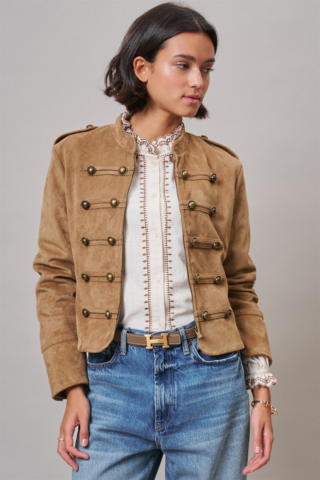 Napoleon Double-Breasted Faux Suede Jacket in Camel - Women's Jackets & Blazers | Urban Daizy